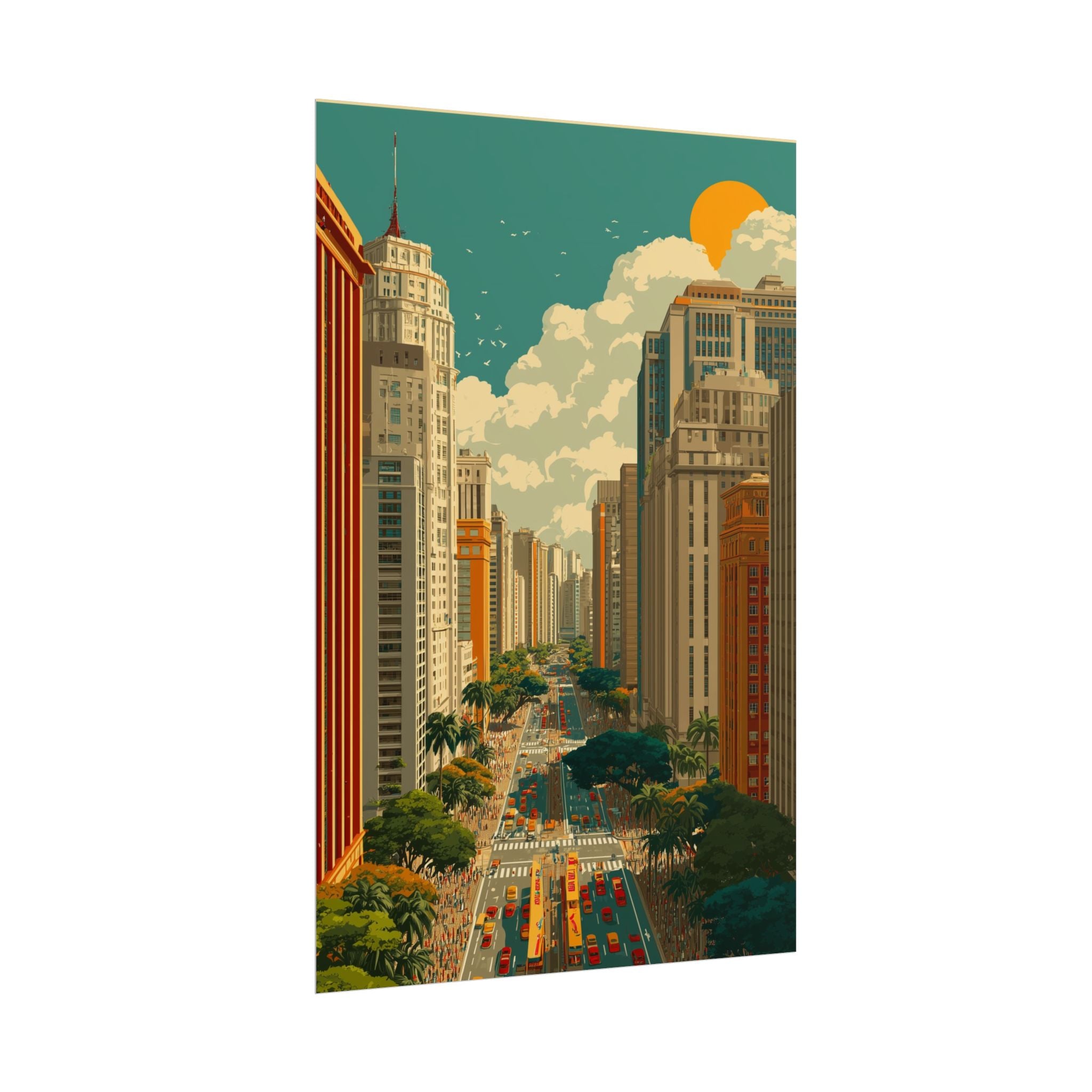 Urban Vibrancy: Retro Sao Paulo Skyline, Mid-Century Modern Cityscape   |    Custom Orders Available