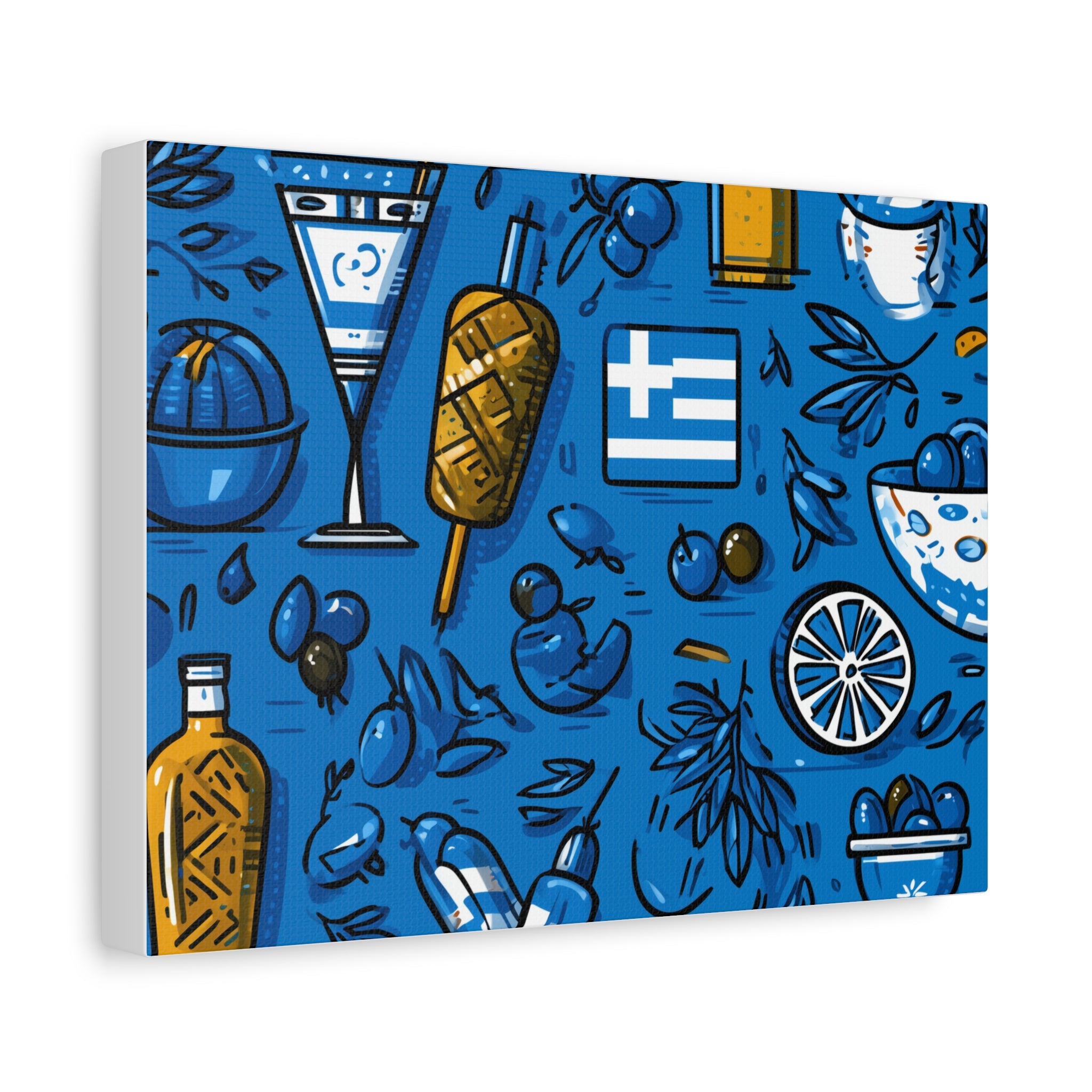 Vibrant Canvas Wall Art, Blue Mediterranean Theme, Kitchen Decor, Greek Party Decor, Olive and Drink Motif