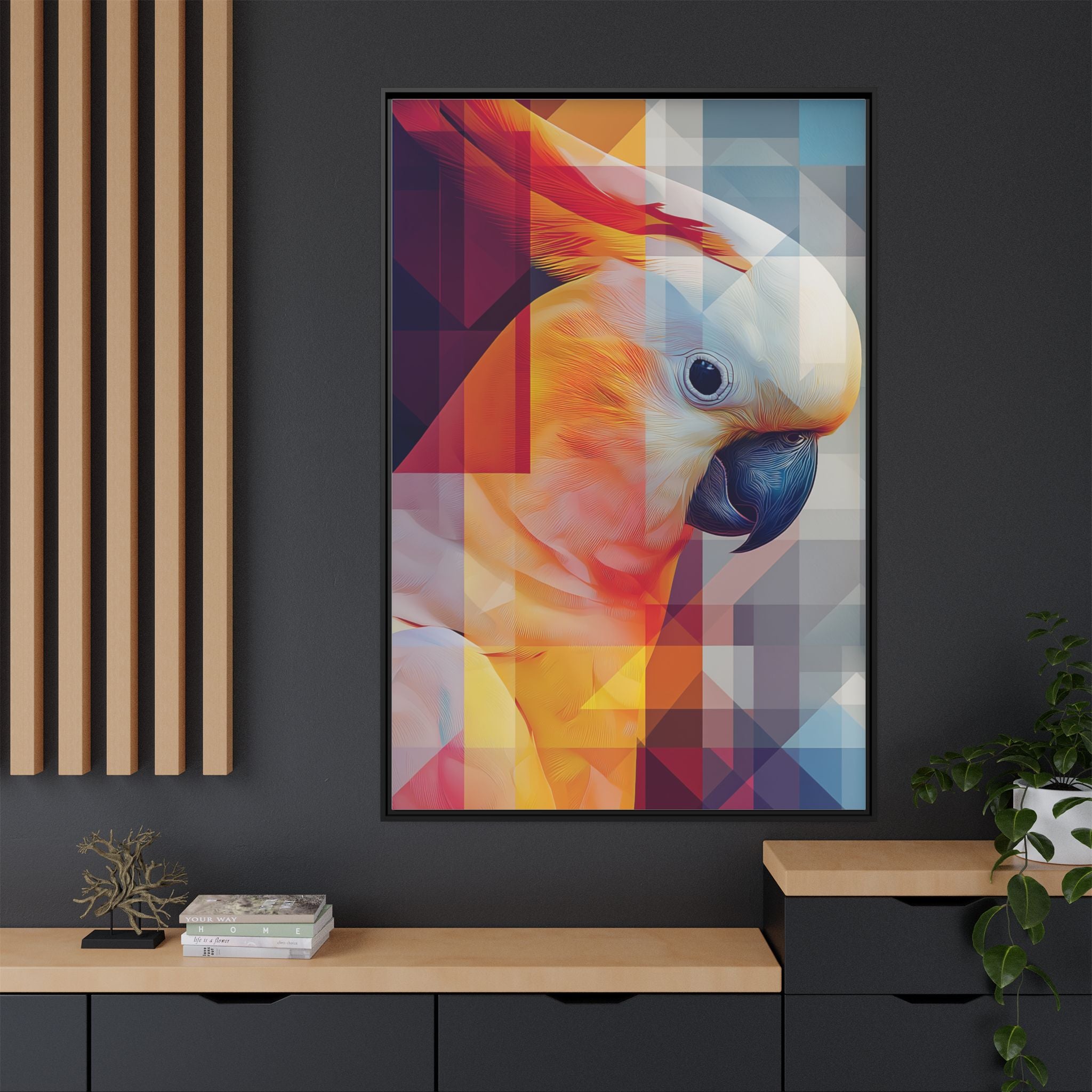 Prismatic Cockatoo Framed Print: Geometric Portrait, Digital Mosaic Artwork   |  Personalized & Custom Orders Available