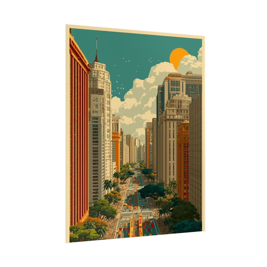Urban Vibrancy: Retro Sao Paulo Skyline, Mid-Century Modern Cityscape   |    Custom Orders Available