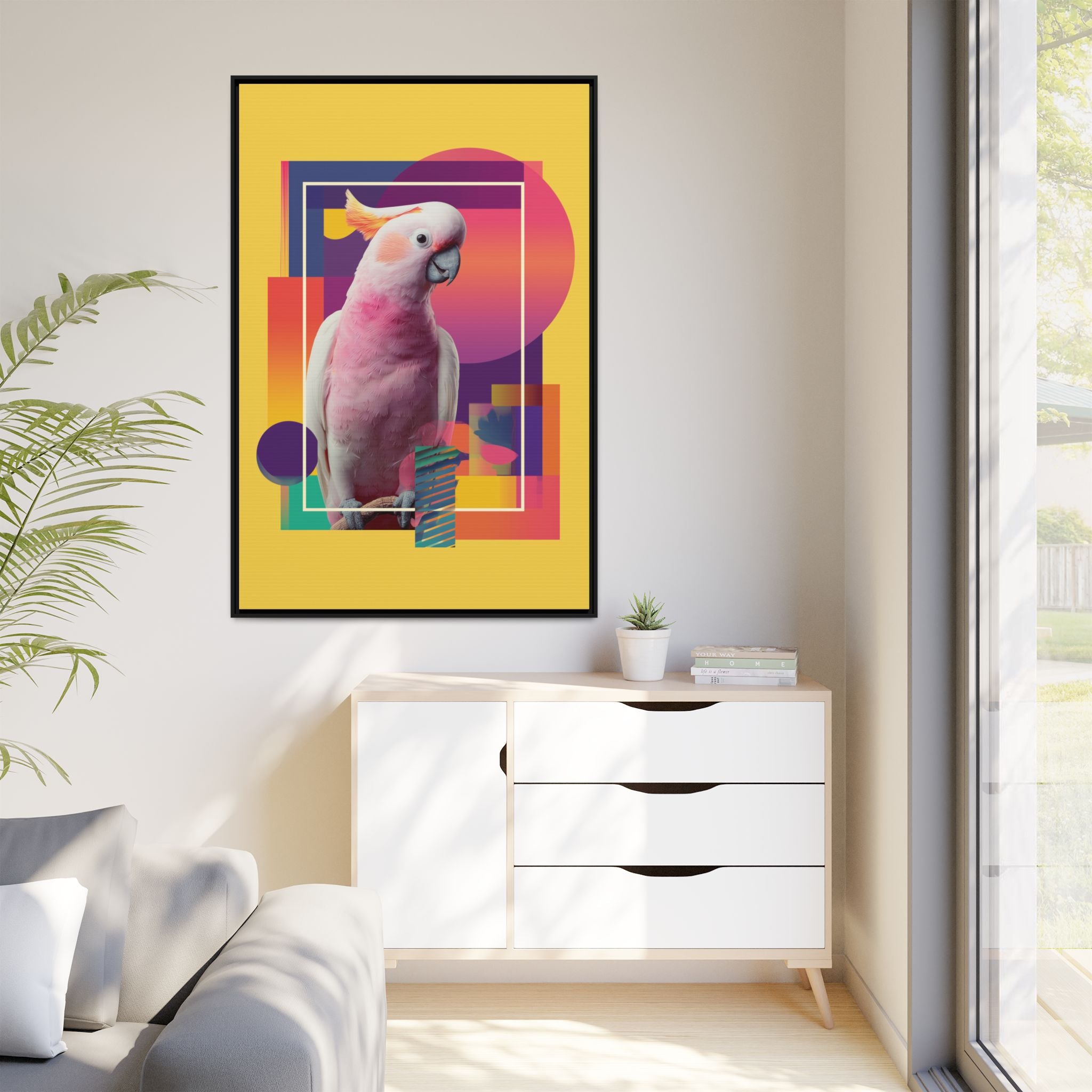 Framed Print, Cockatoo Abstract Geometric Wall Art, Matte Canvas, Colorful Bird Poster, Modern Home Decor, Tropical Animal Painting, Unique