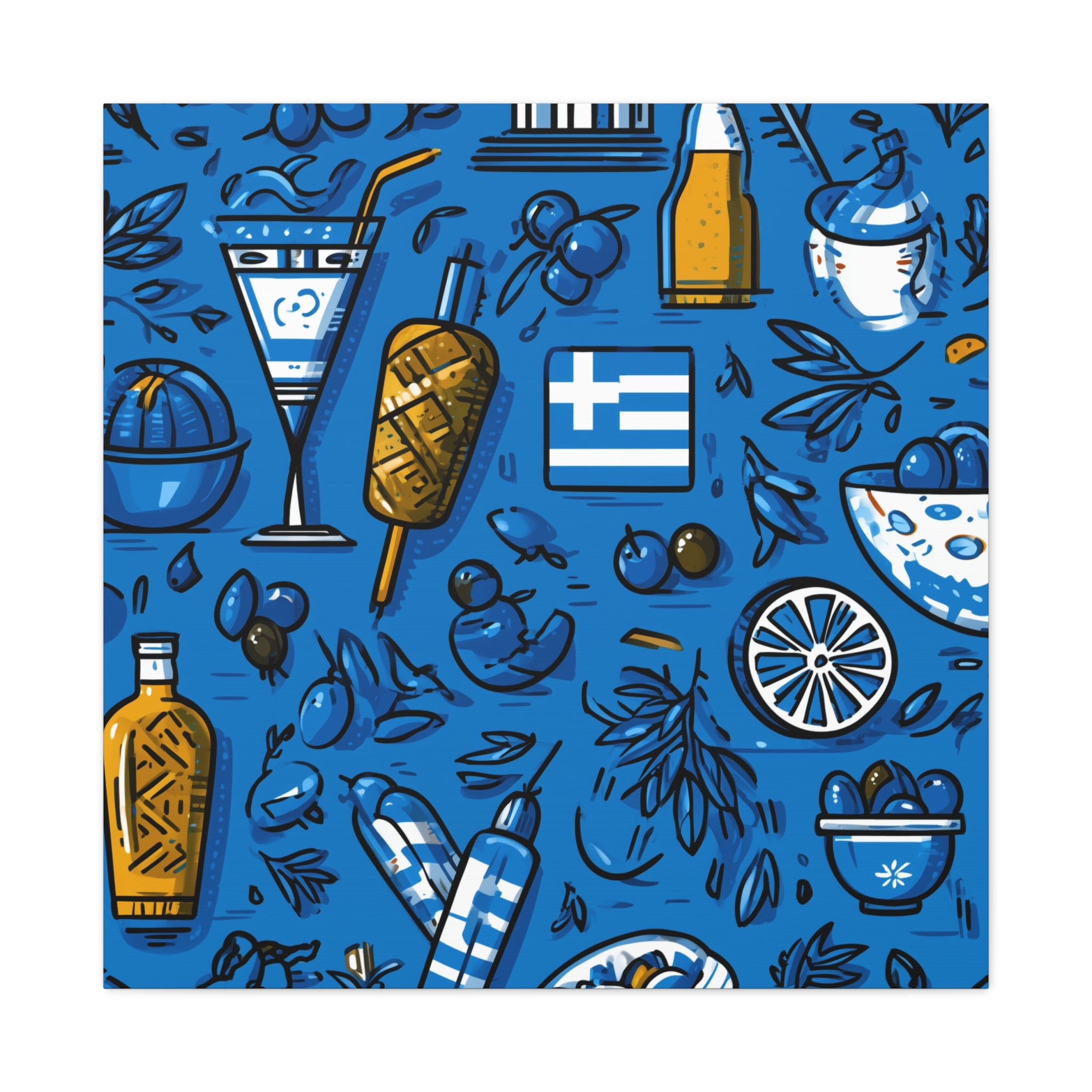 Vibrant Canvas Wall Art, Blue Mediterranean Theme, Kitchen Decor, Greek Party Decor, Olive and Drink Motif