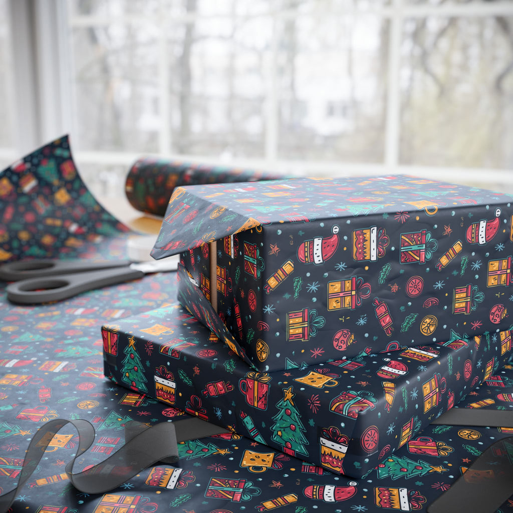 Holiday Gift Wrapping Paper Roll – Dark Christmas Icons Pattern (Trees, Presents, Stockings)