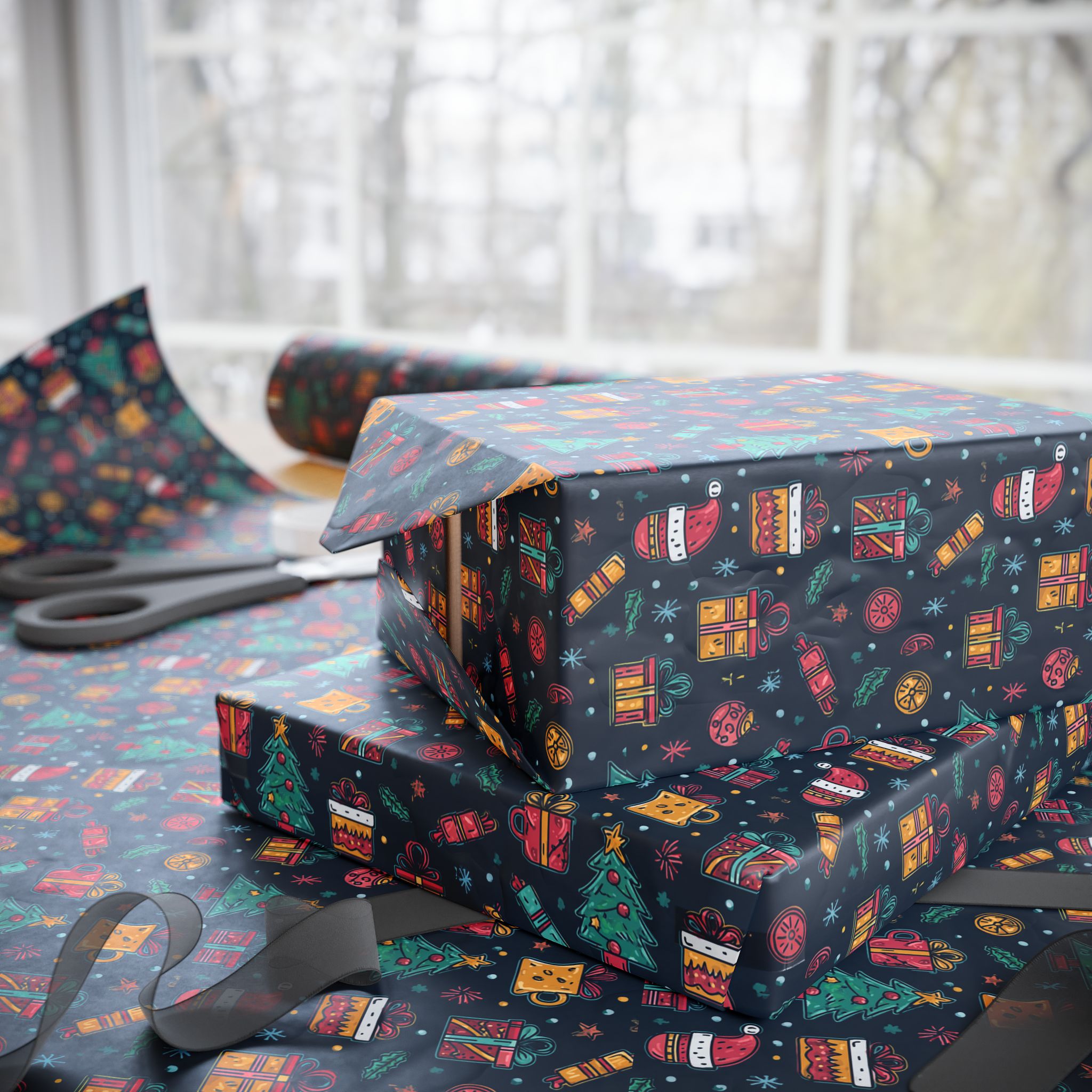 Holiday Gift Wrapping Paper Roll – Dark Christmas Icons Pattern (Trees, Presents, Stockings)