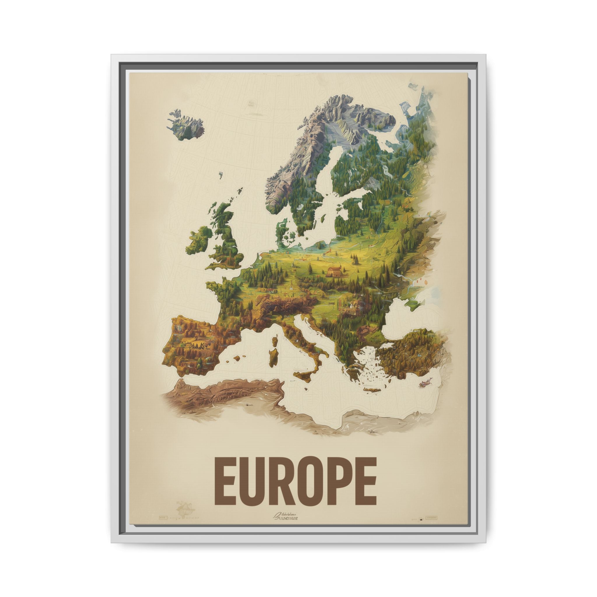 Framed Europe Map Canvas Print — Vintage Landscape Style Wall Art