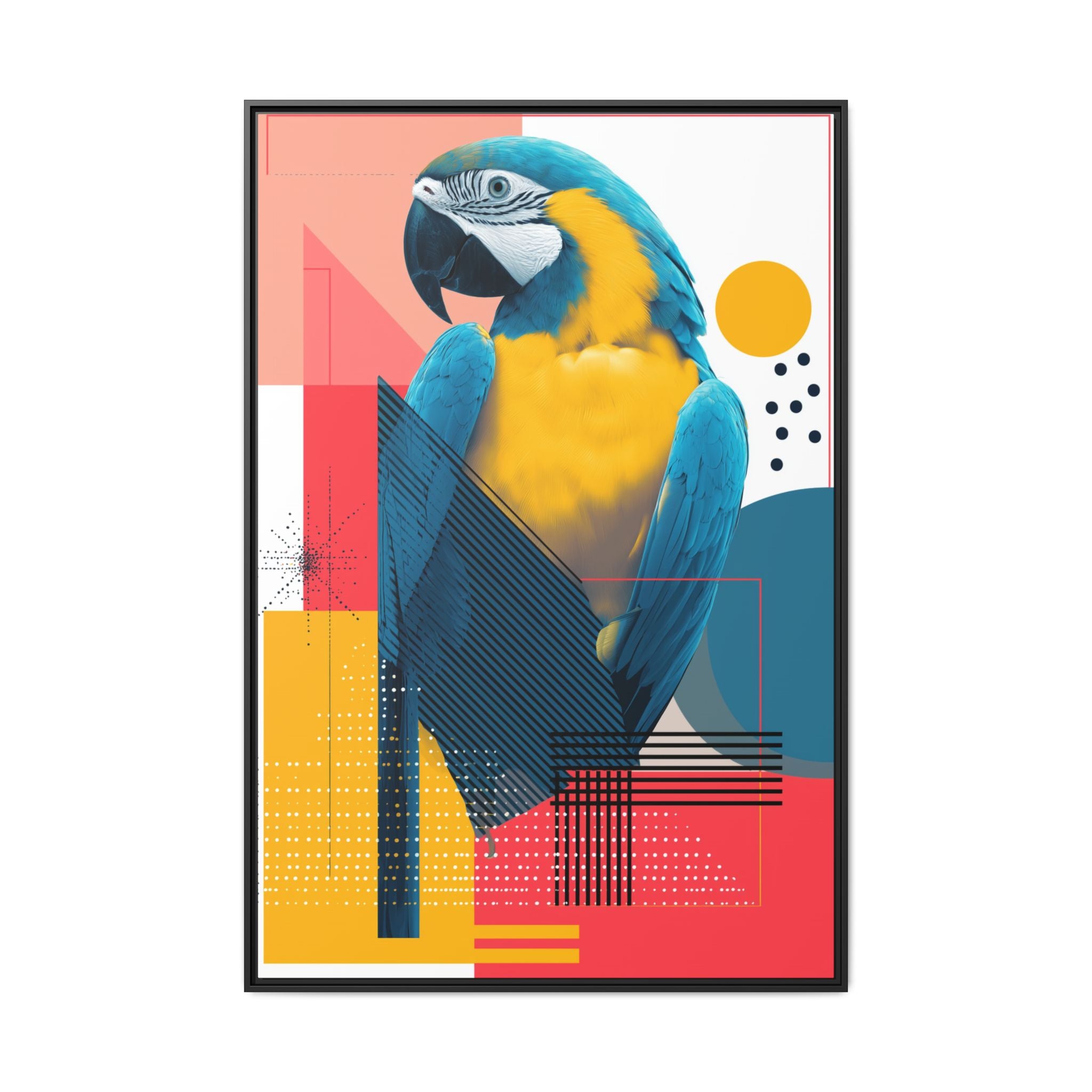 Prismatic Parrot Framed Print: Blue and Yellow Macaw in Geometric Space, Digital Art Composition   |  Personalized & Custom Orders Available