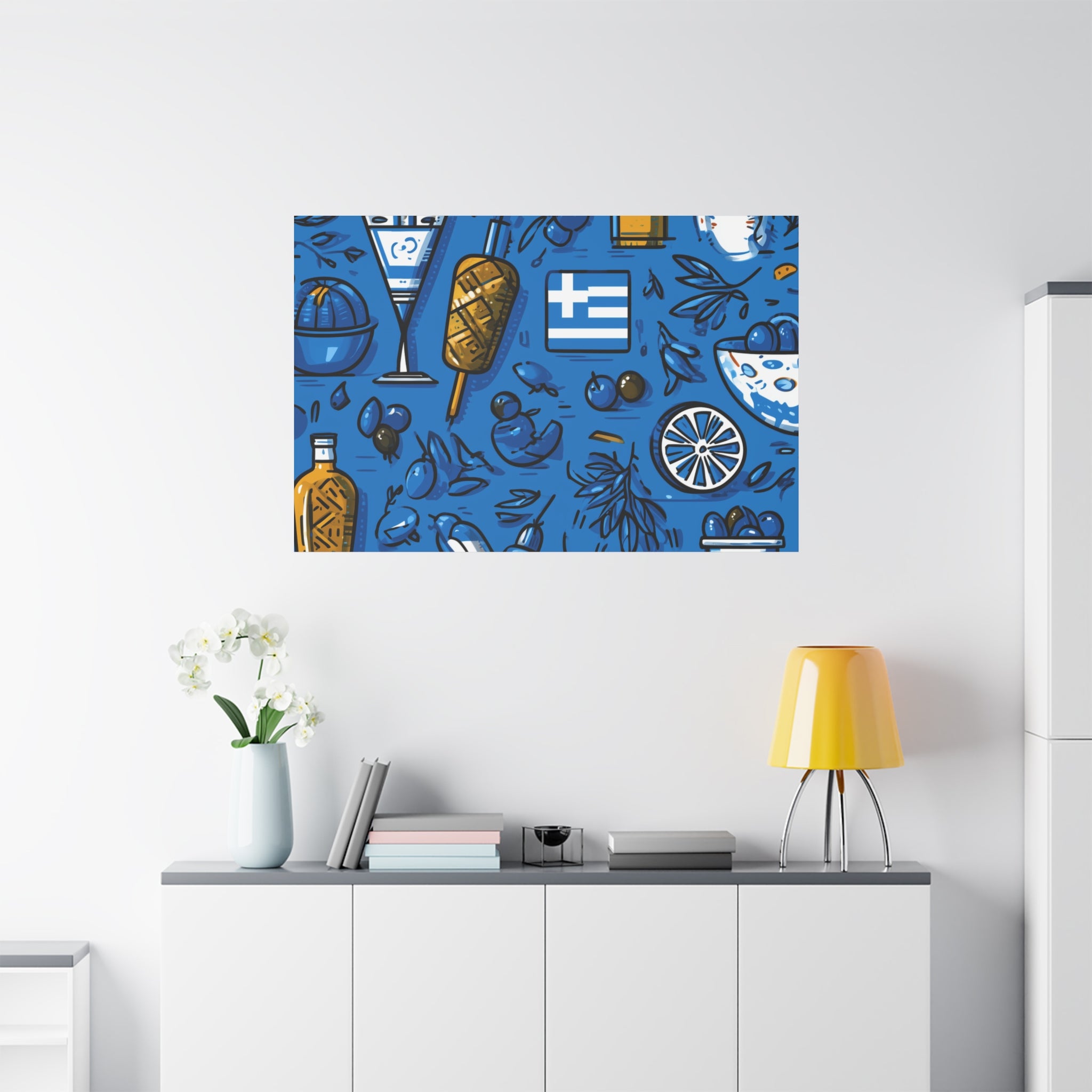 Vibrant Canvas Wall Art, Blue Mediterranean Theme, Kitchen Decor, Greek Party Decor, Olive and Drink Motif
