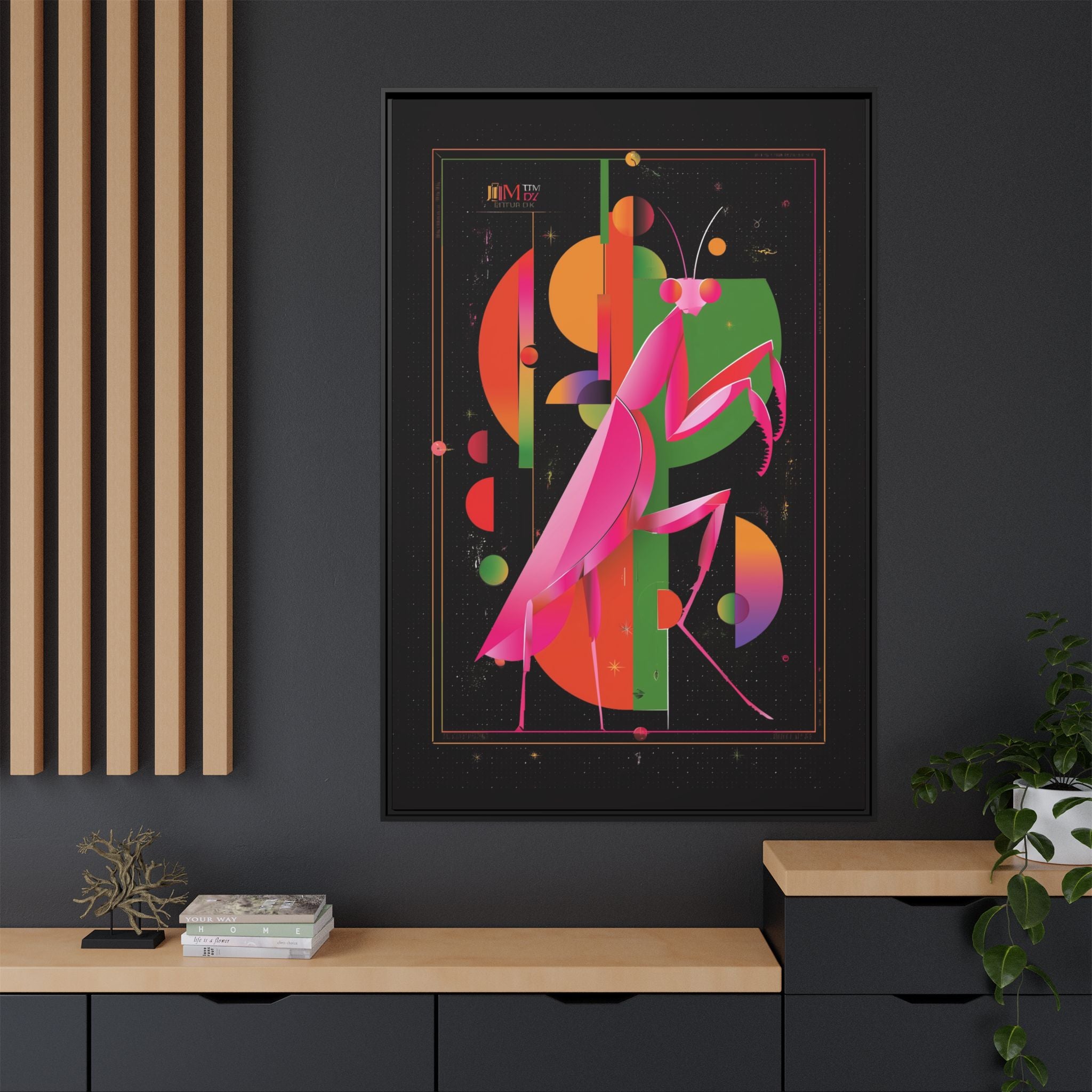 Cosmic Mantis Framed Print: Geometric Space Odyssey, Cubist Insect Illustration   |  Personalized & Custom Orders Available