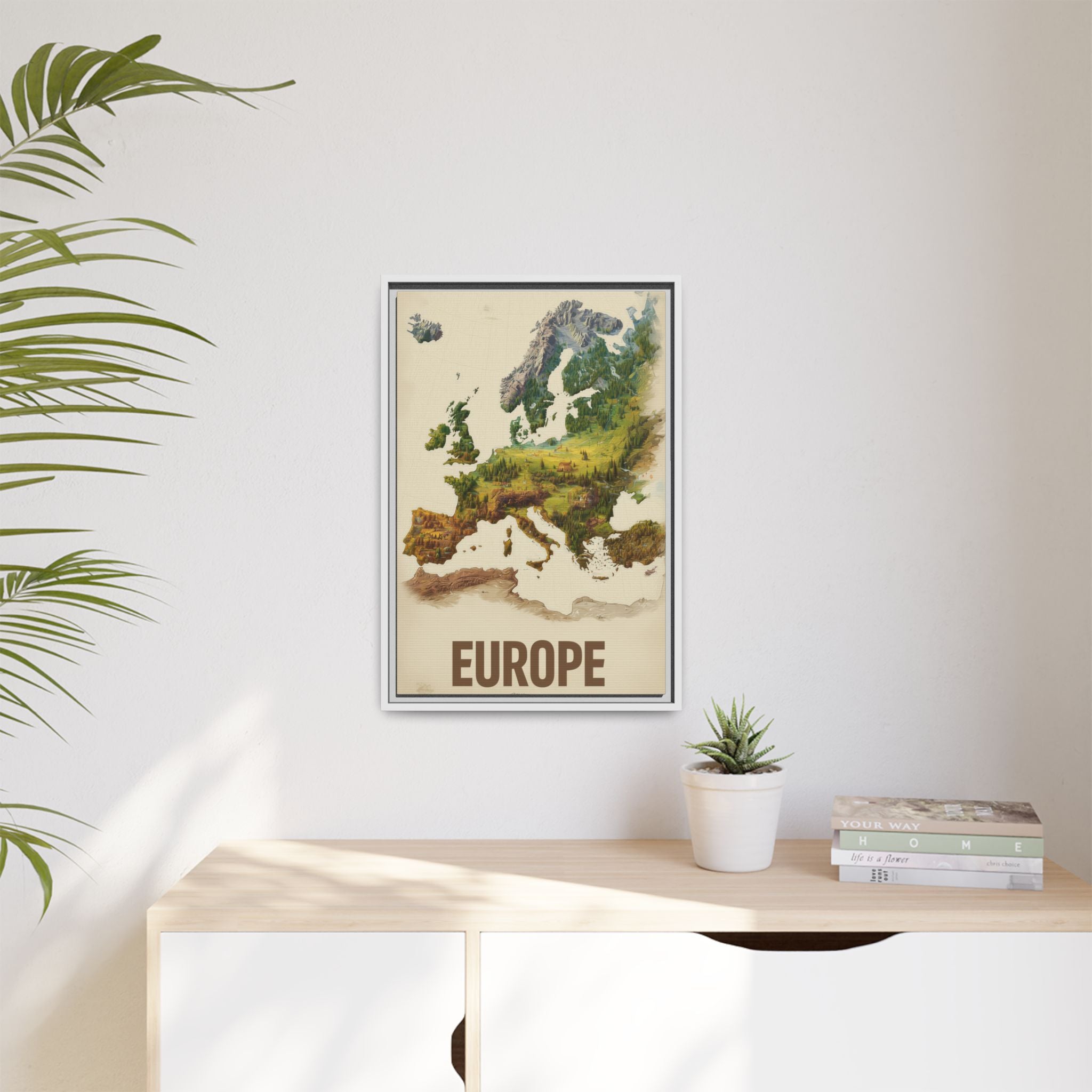 Framed Europe Map Canvas Print — Vintage Landscape Style Wall Art