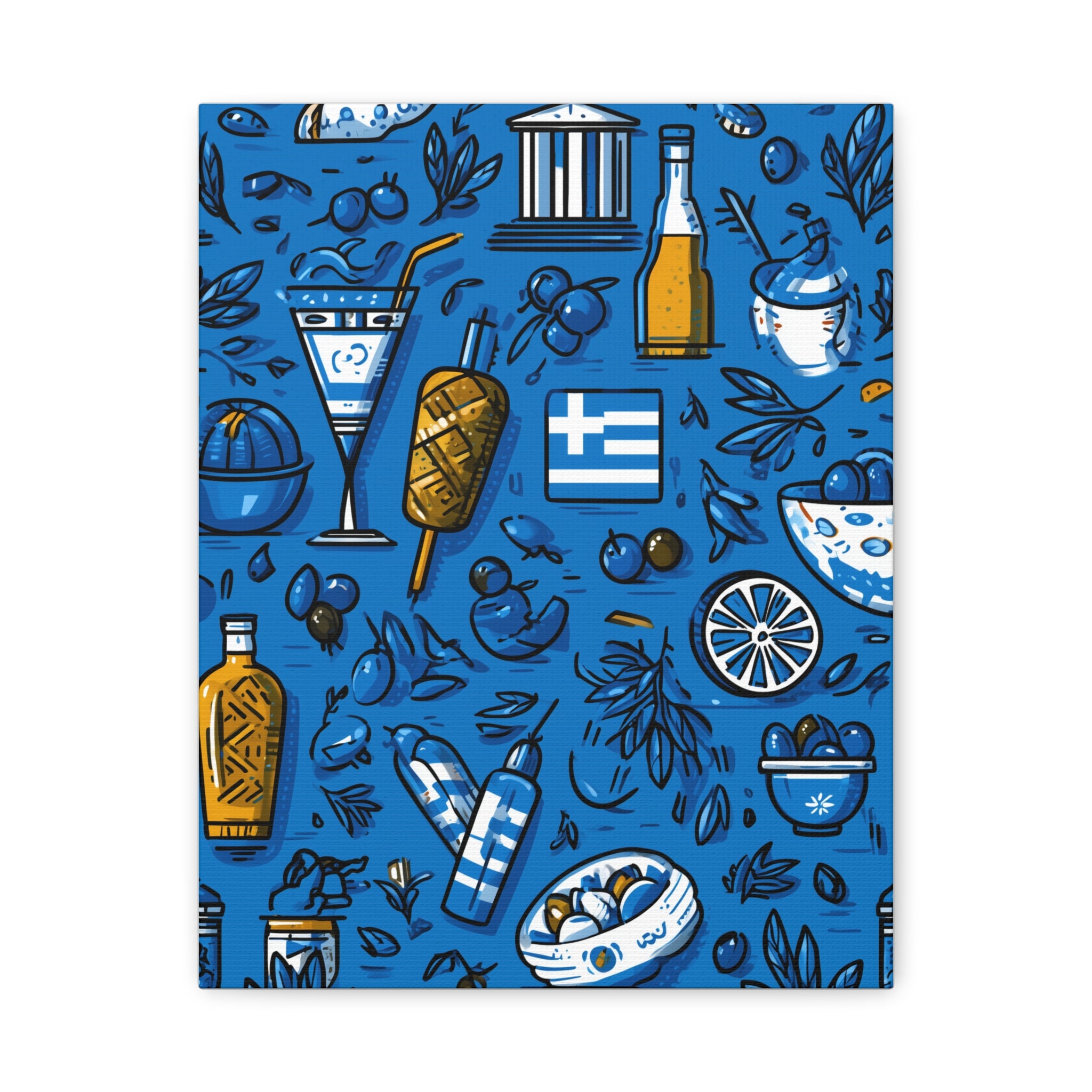 Vibrant Canvas Wall Art, Blue Mediterranean Theme, Kitchen Decor, Greek Party Decor, Olive and Drink Motif