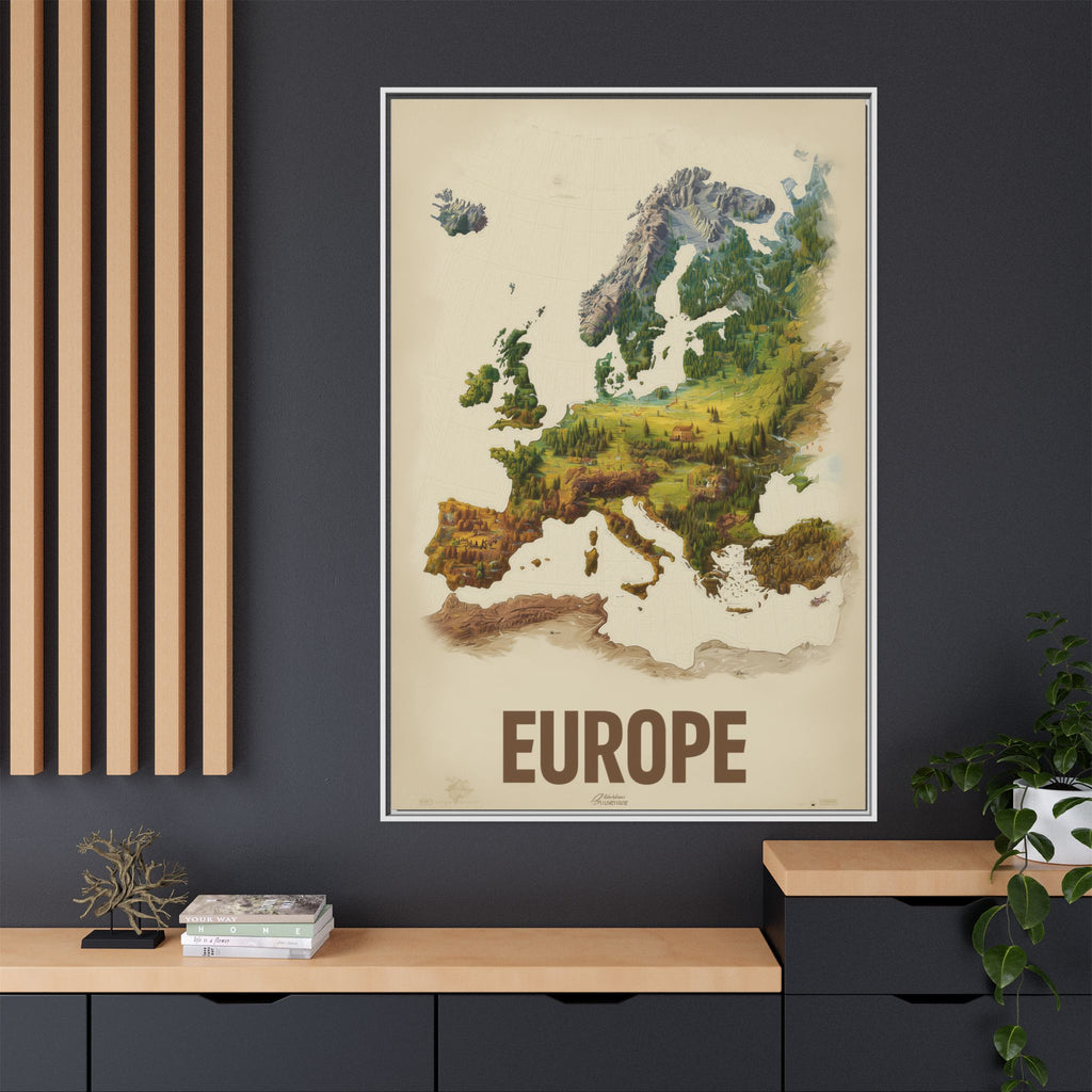Framed Europe Map Canvas Print — Vintage Landscape Style Wall Art