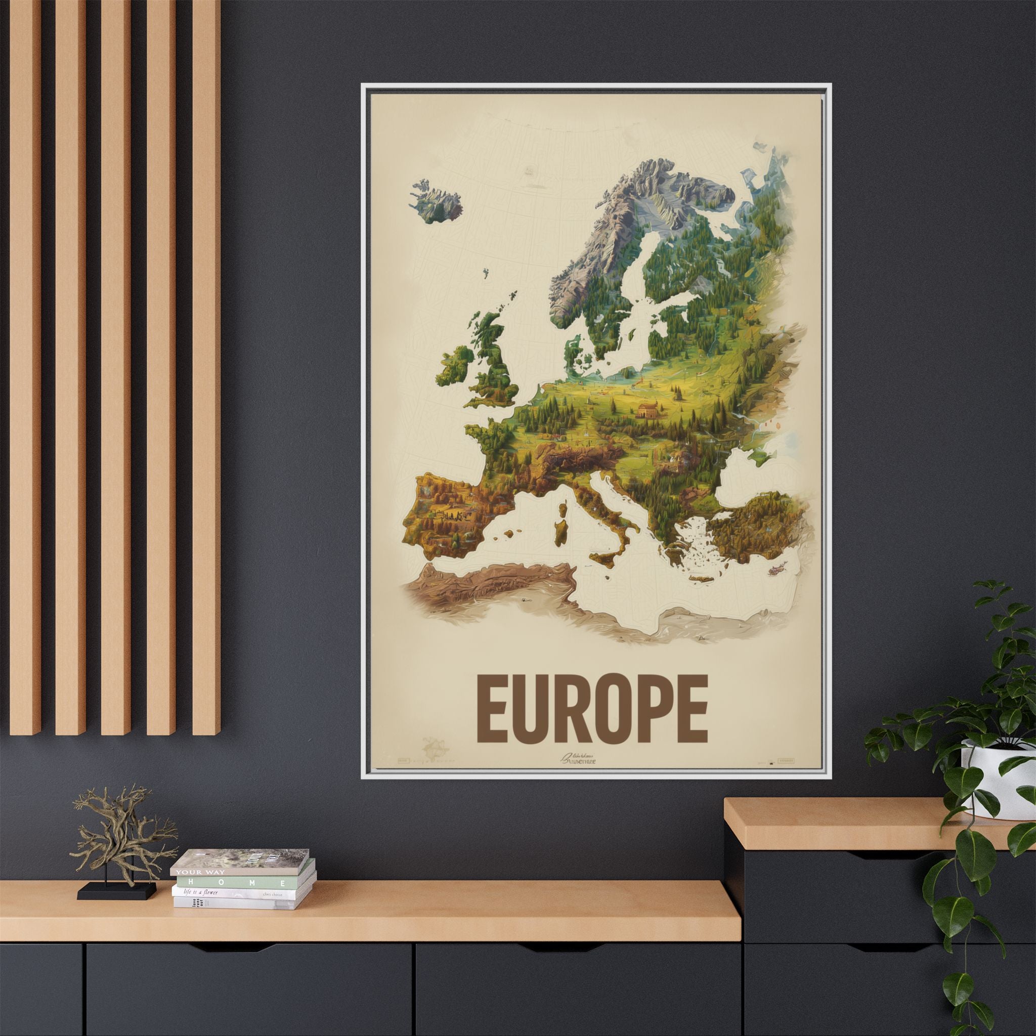 Framed Europe Map Canvas Print — Vintage Landscape Style Wall Art