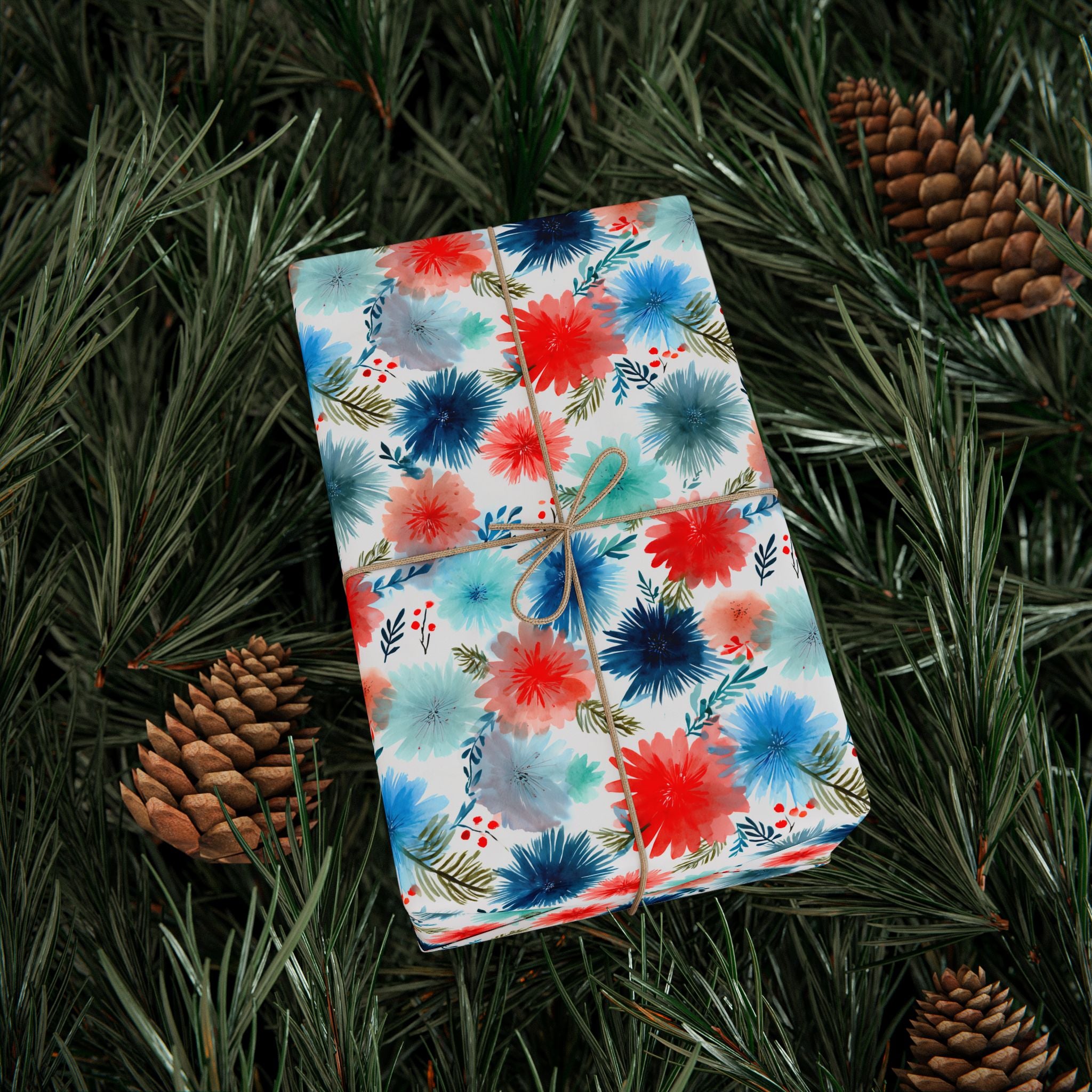 Wrapping Paper — Watercolor Floral Holiday Pattern (Red, Teal, Pine Sprigs)
