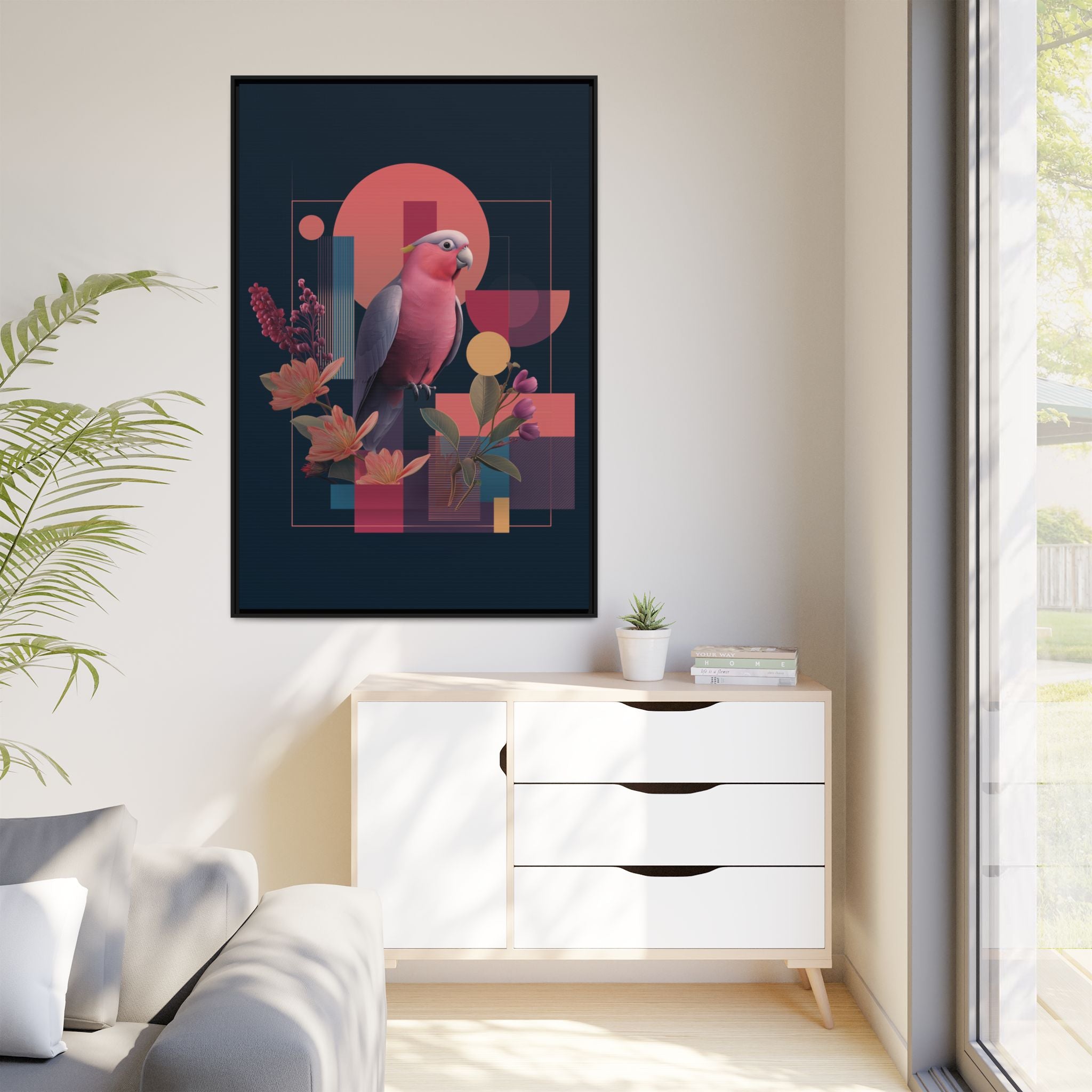Galah Geometric Framed Print : Stylized Digital Cockatoo Portrait, Contemporary Abstract Botanical    |   Custom Orders Accepted