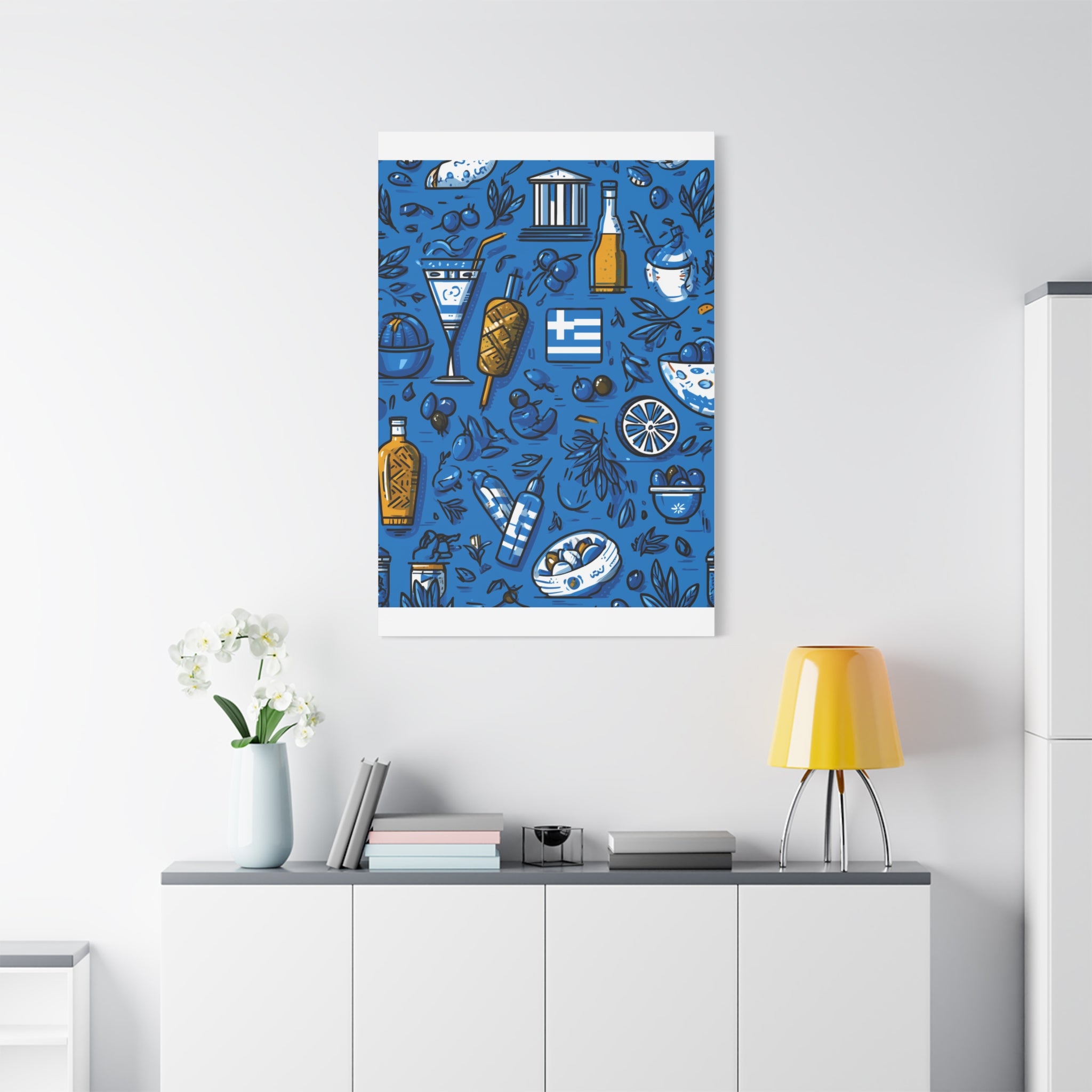 Vibrant Canvas Wall Art, Blue Mediterranean Theme, Kitchen Decor, Greek Party Decor, Olive and Drink Motif