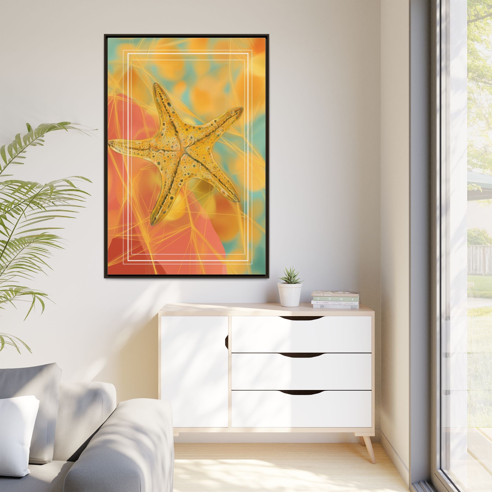 Celestial Starfish: Marine Geometry in Golden Hues, Tropical Oceanic Texture   |    Custom Orders Available