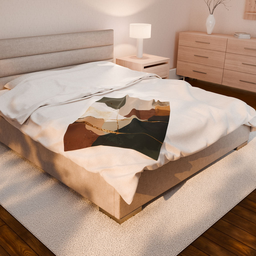 Velveteen Plush Blanket, Abstract Earthen Duvet or Doona cover, Gold Accent, Modern Home Decor, Cozy Throw Blanket, Luxurious Bedding,