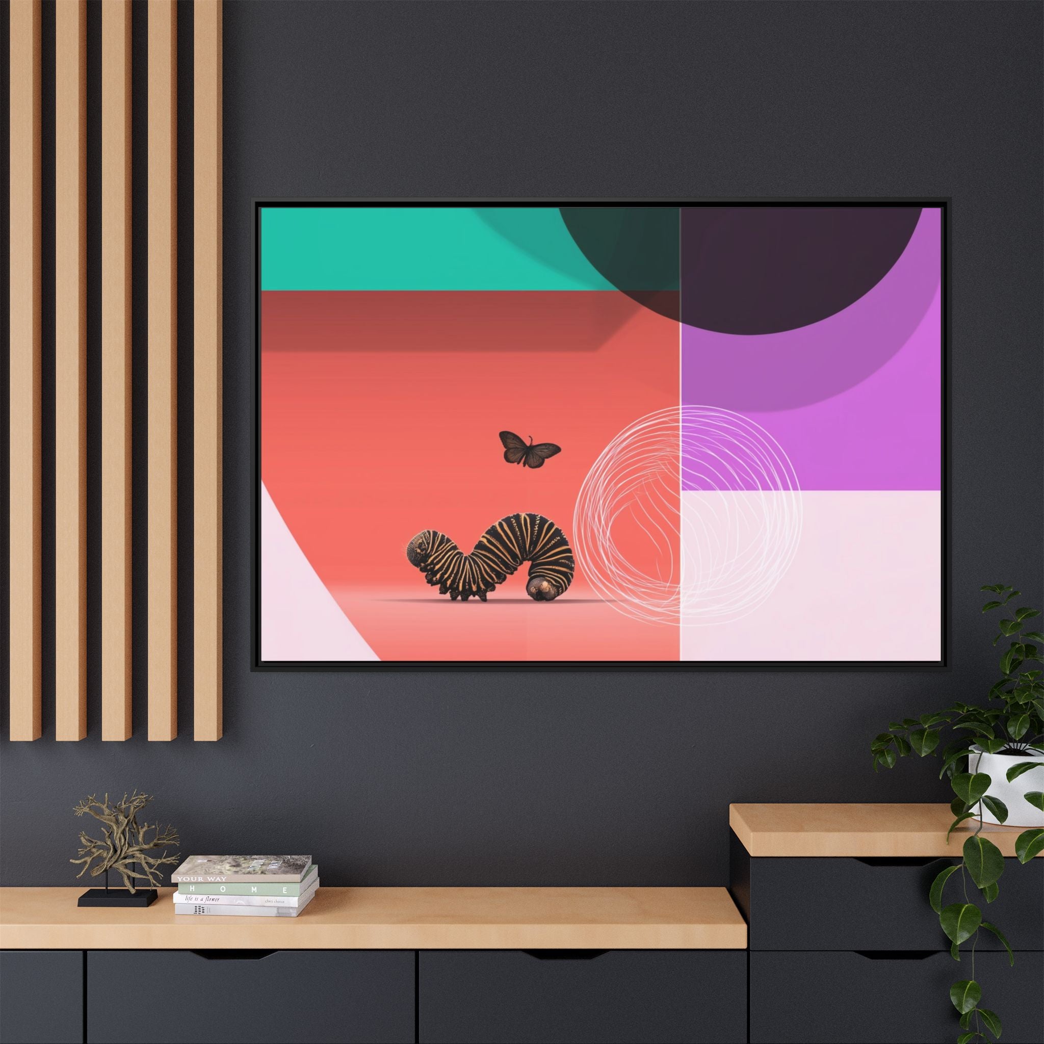Striped Caterpillar and Butterfly Framed Print , Mid-Century Modern Color Blocks   |  Personalized & Custom Orders Available