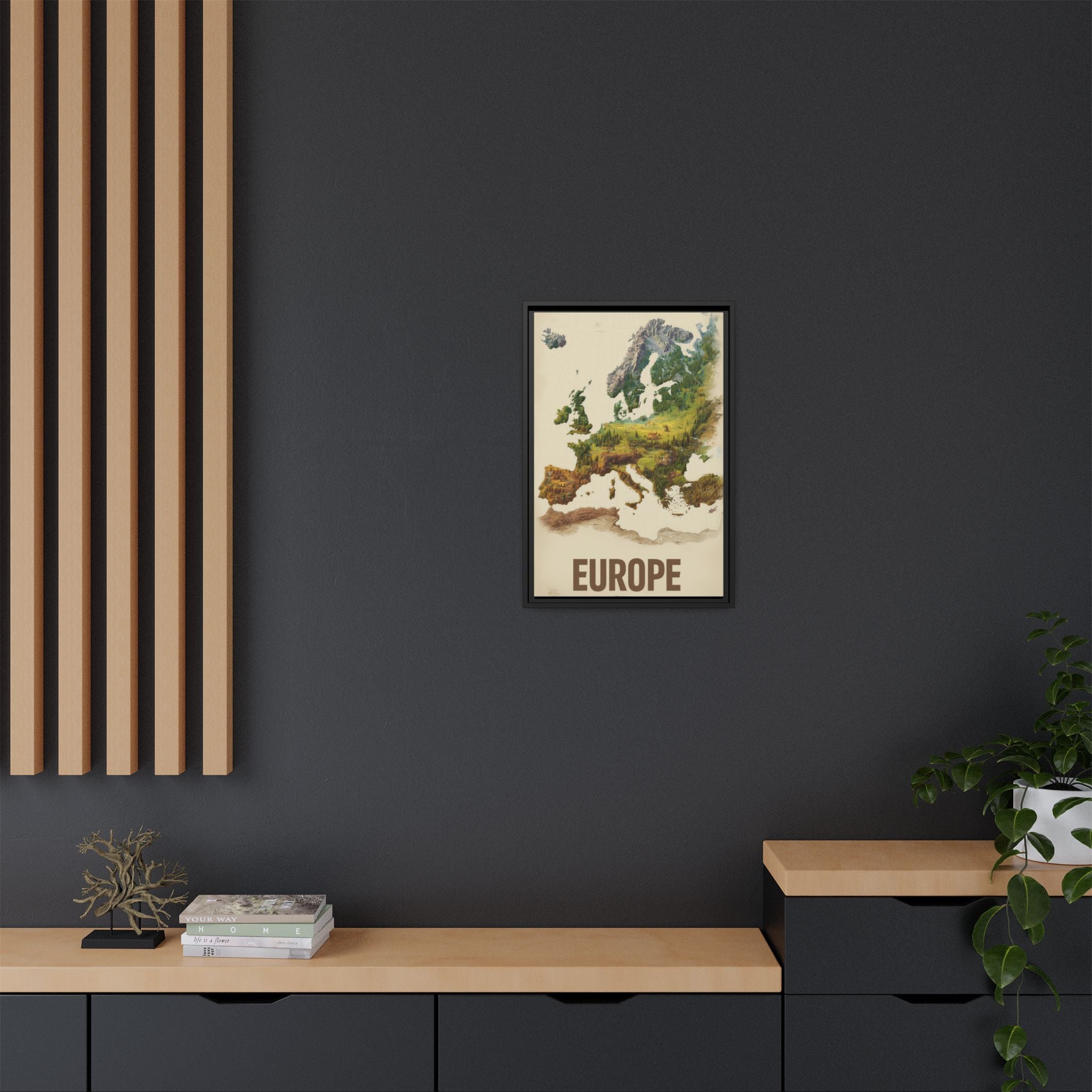 Framed Europe Map Canvas Print — Vintage Landscape Style Wall Art
