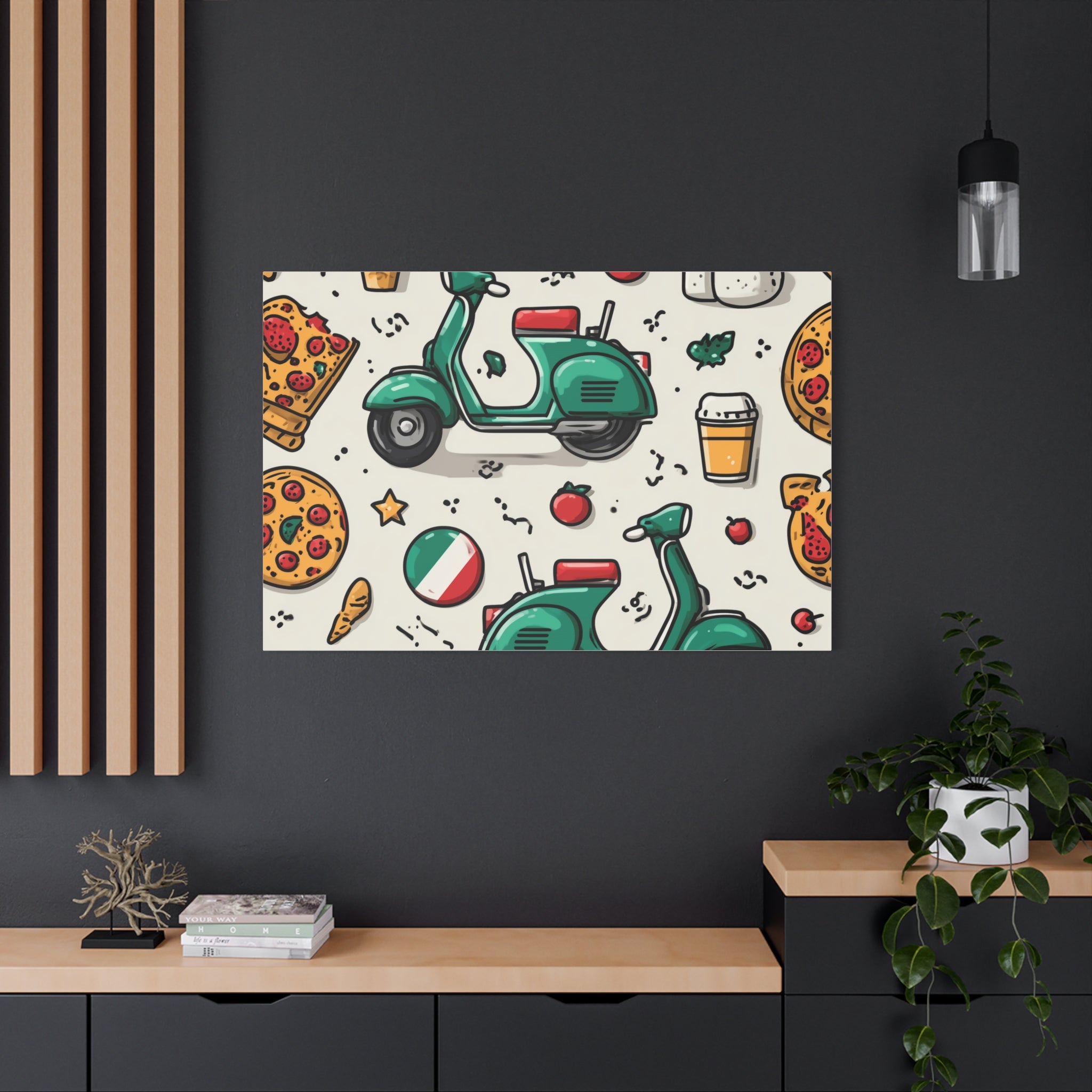 Vibrant Travel Nostalgia Canvas Art, Scooter Decor, Foodie Wall Art, Fun Home Decor, Gift for Adventurers, Kitchen Wall Hanging