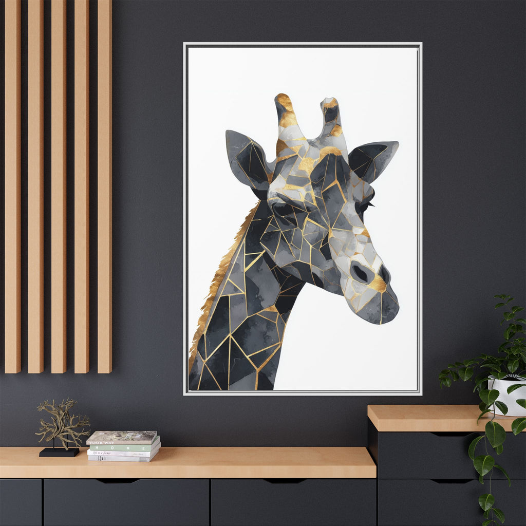 Geometric Giraffe Mosaic Framed Print : Contemporary Cubist Animal Portrait, Metallic Gold Angular Design   |   Custom Orders Available