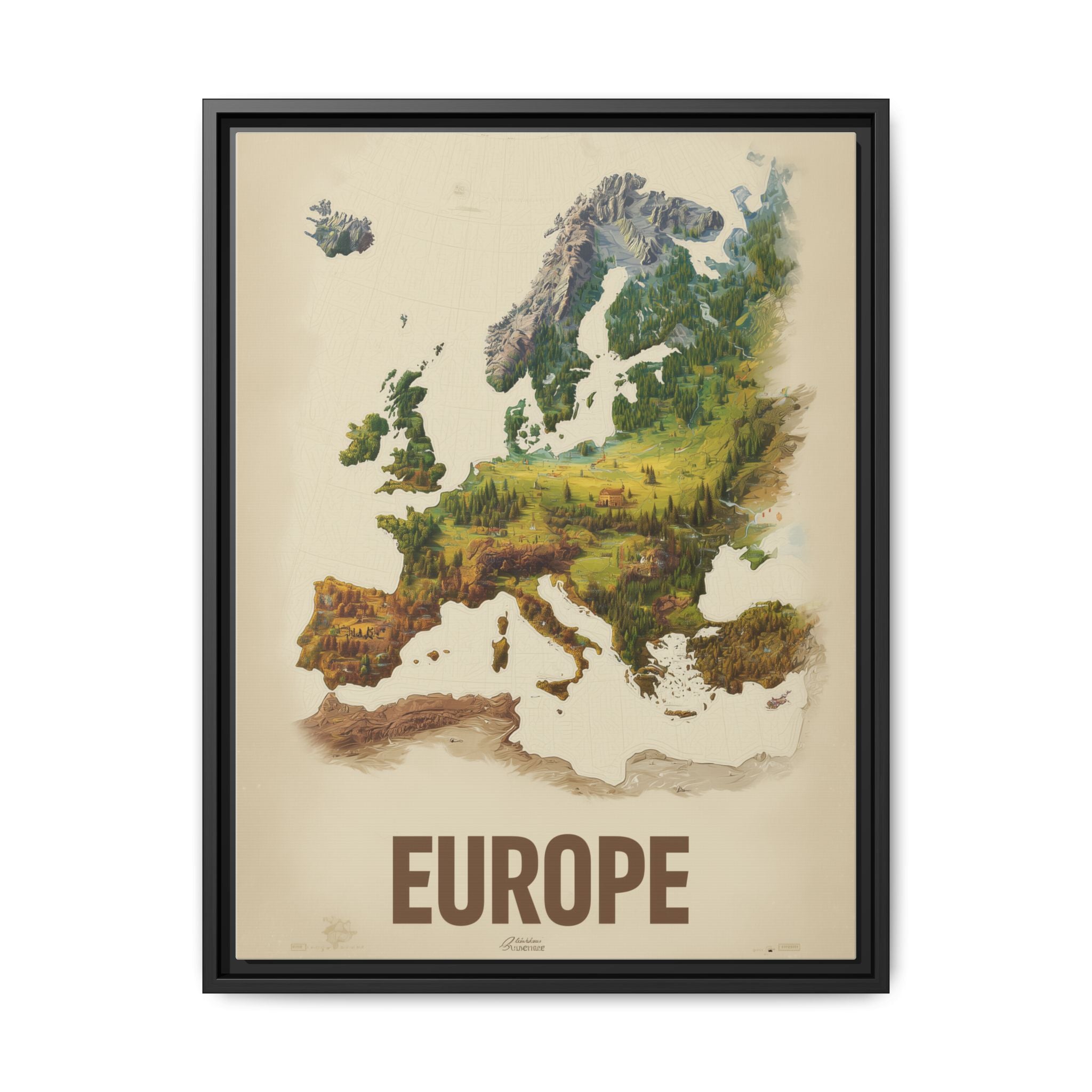 Framed Europe Map Canvas Print — Vintage Landscape Style Wall Art