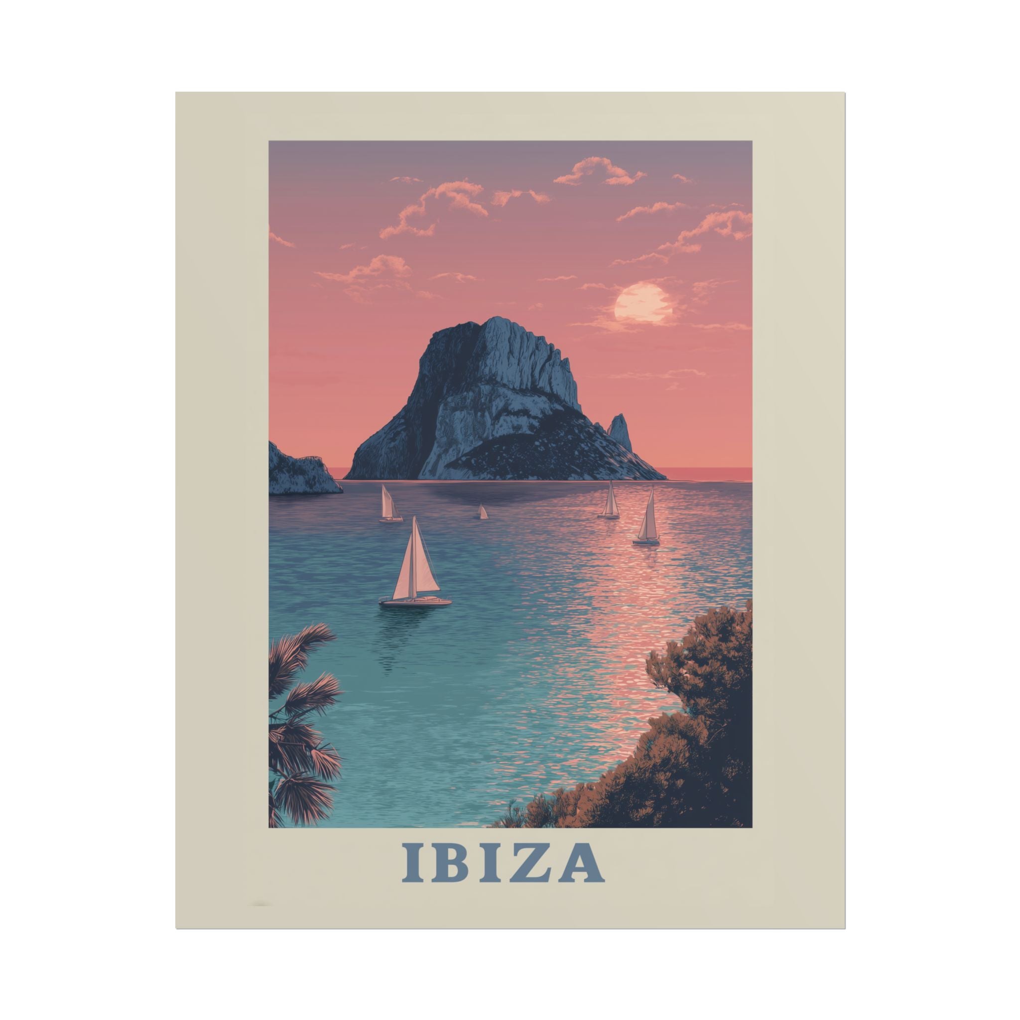 Ibiza Sunset Serenade: Vintage Travel Poster, Mediterranean Coastal Landscape   |    Custom Orders Available
