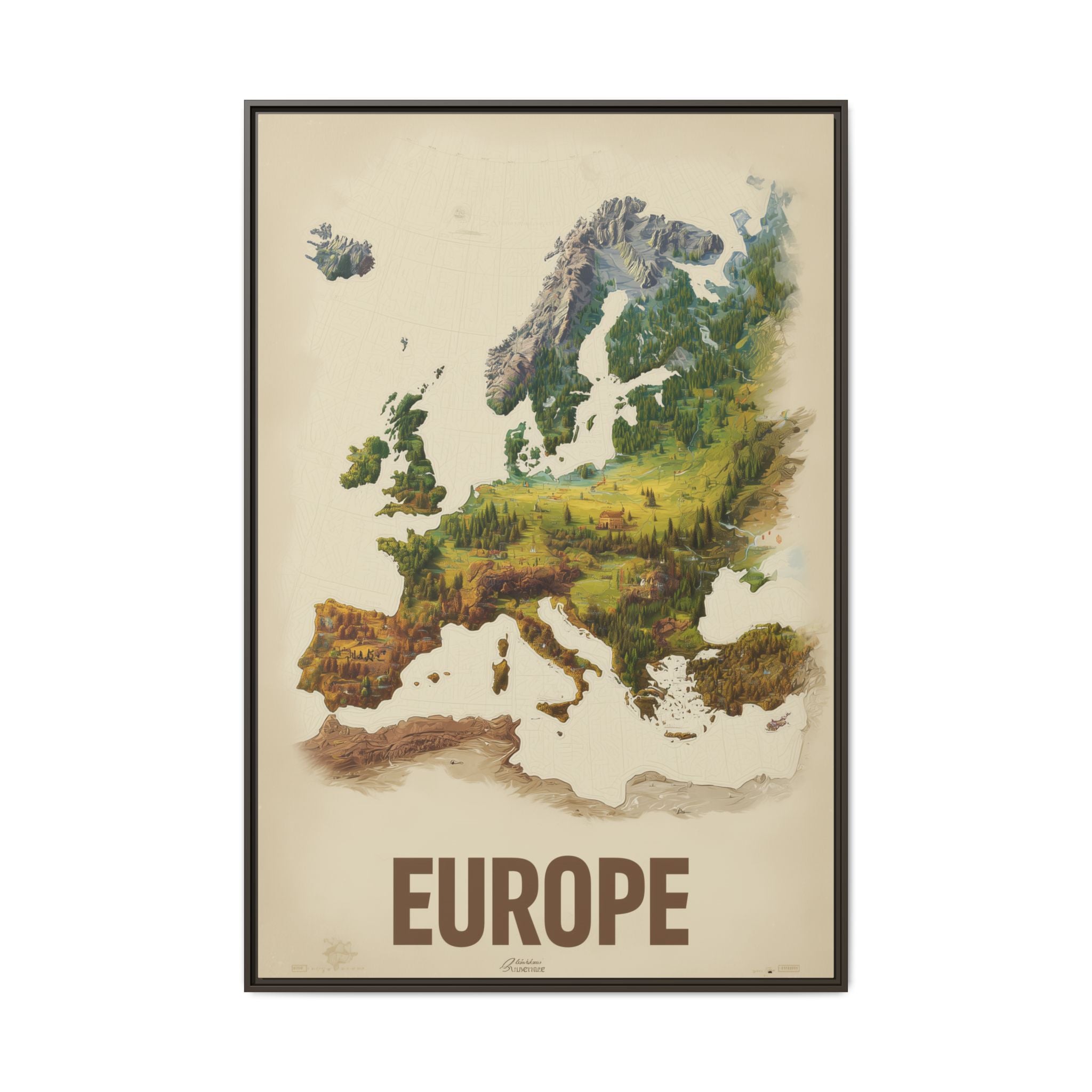 Framed Europe Map Canvas Print — Vintage Landscape Style Wall Art