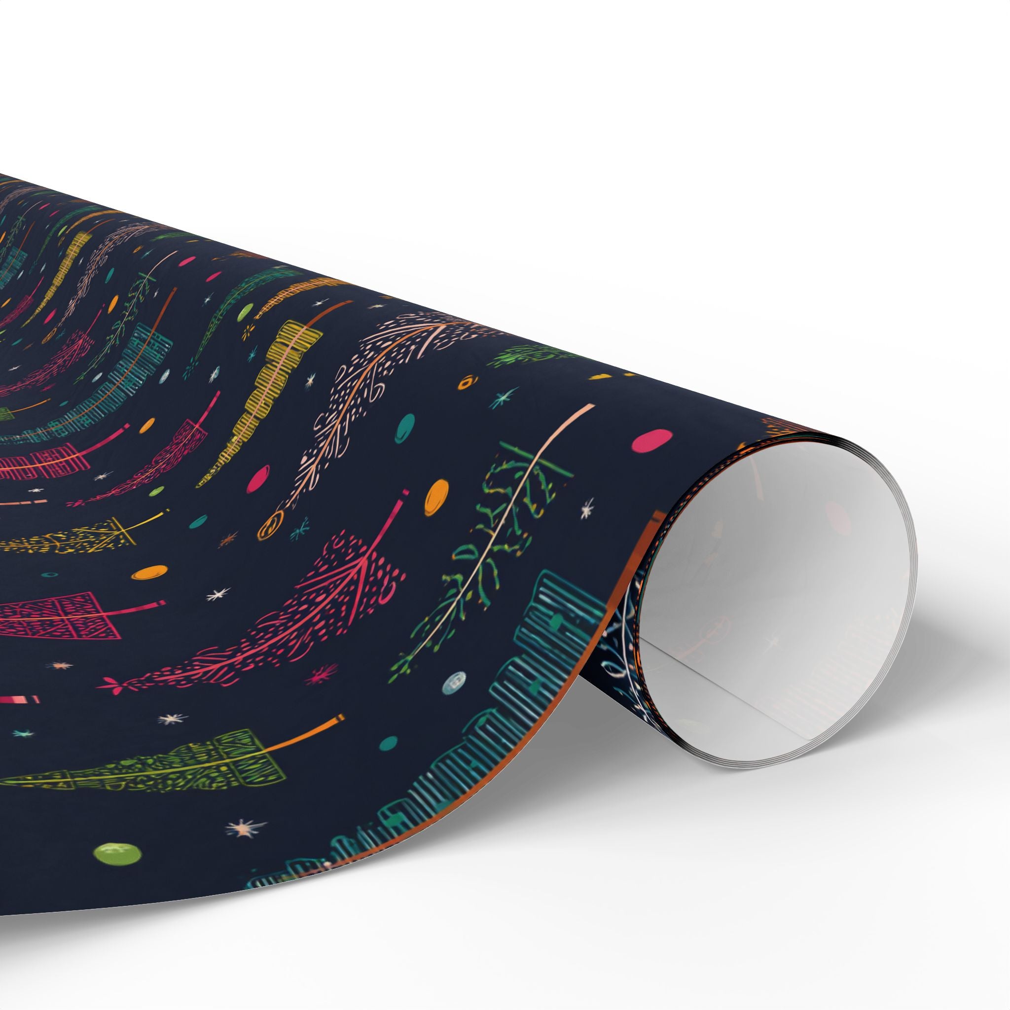Christmas Tree Wrapping Paper Roll – Dark Navy Holiday Gift Wrap with Colorful Trees