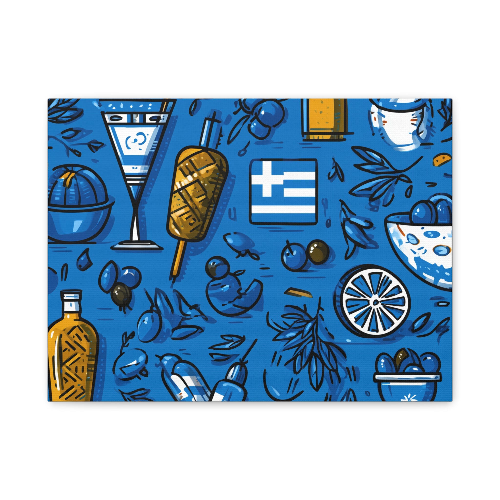 Vibrant Canvas Wall Art, Blue Mediterranean Theme, Kitchen Decor, Greek Party Decor, Olive and Drink Motif
