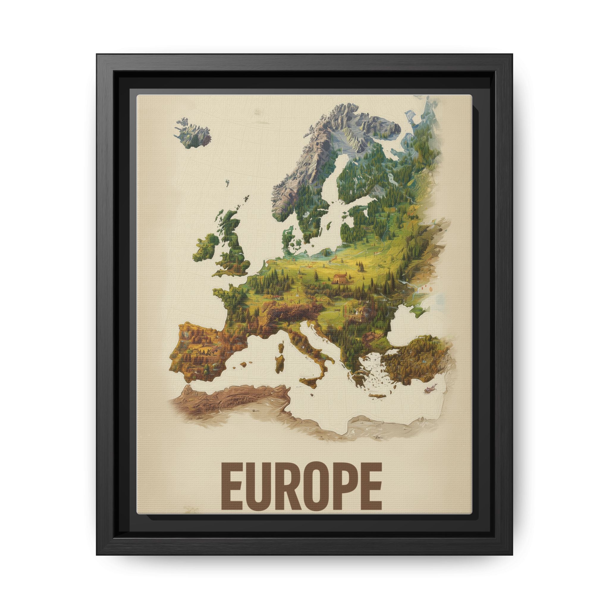 Framed Europe Map Canvas Print — Vintage Landscape Style Wall Art
