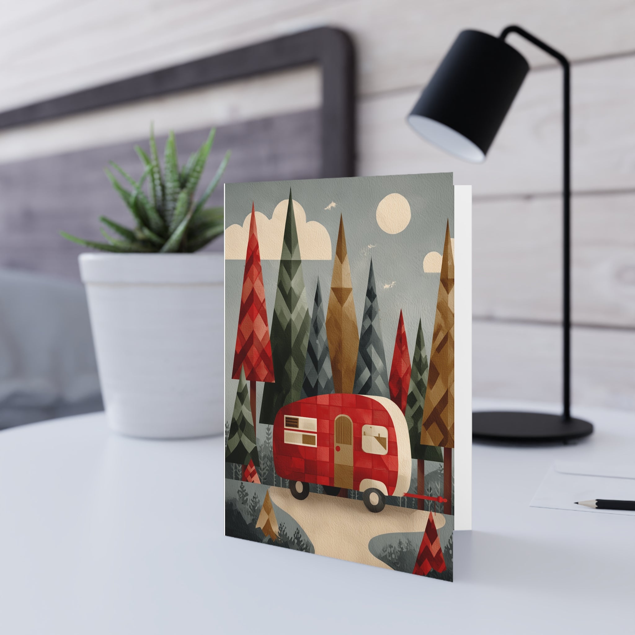 Camping Caravan Greeting Card — Retro Camper & Pine Trees Note Card