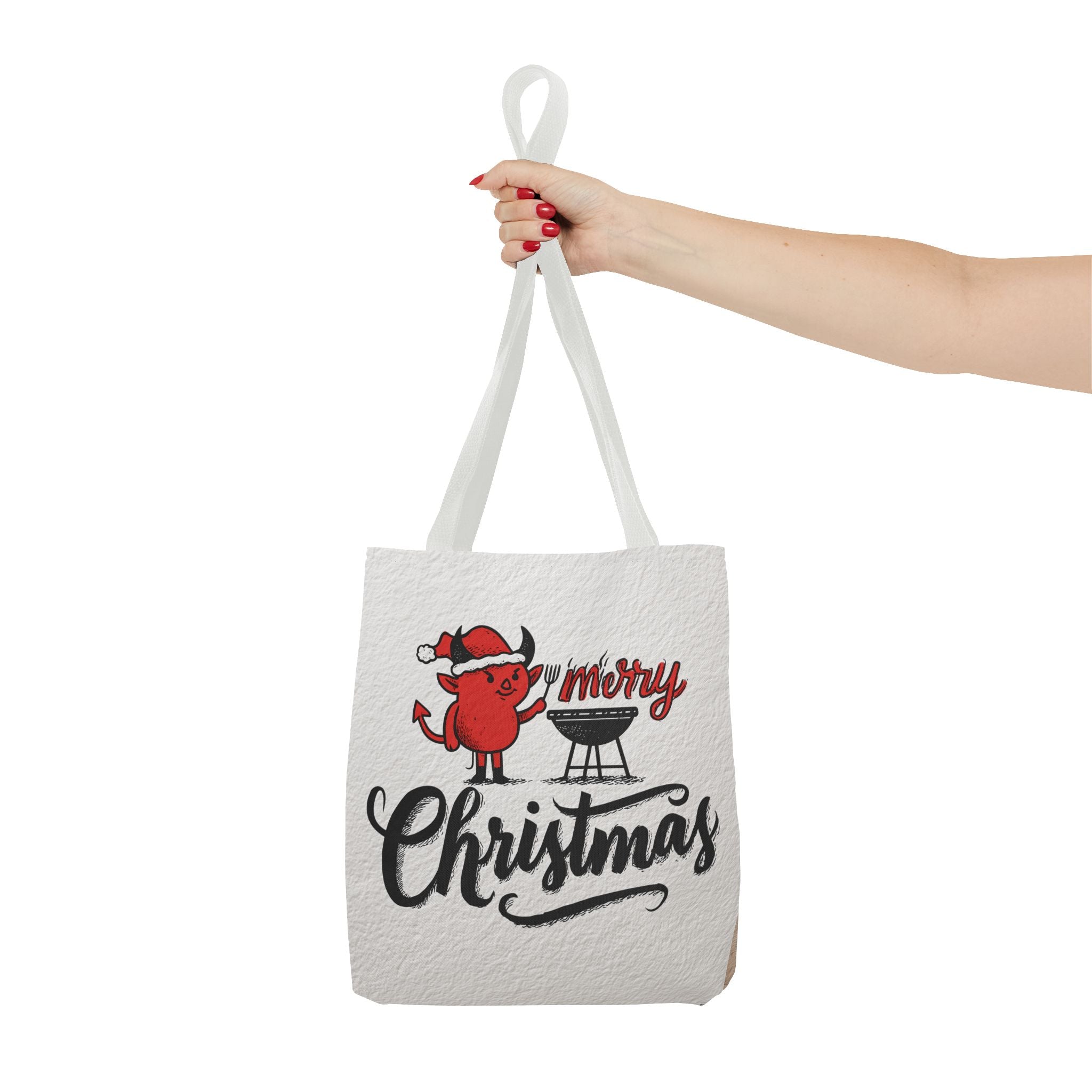 Festive Tote Bag, Christmas Gift, Holiday Shopping Bag, Red Devil BBQ Design, Merry Christmas Tote