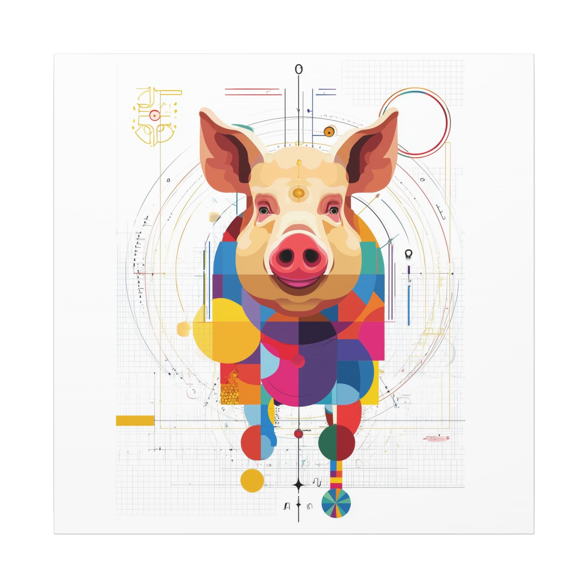 Geometric Pig Portrait: Cubist Animal Art, Technical Design Illustration   |    Custom Orders Available