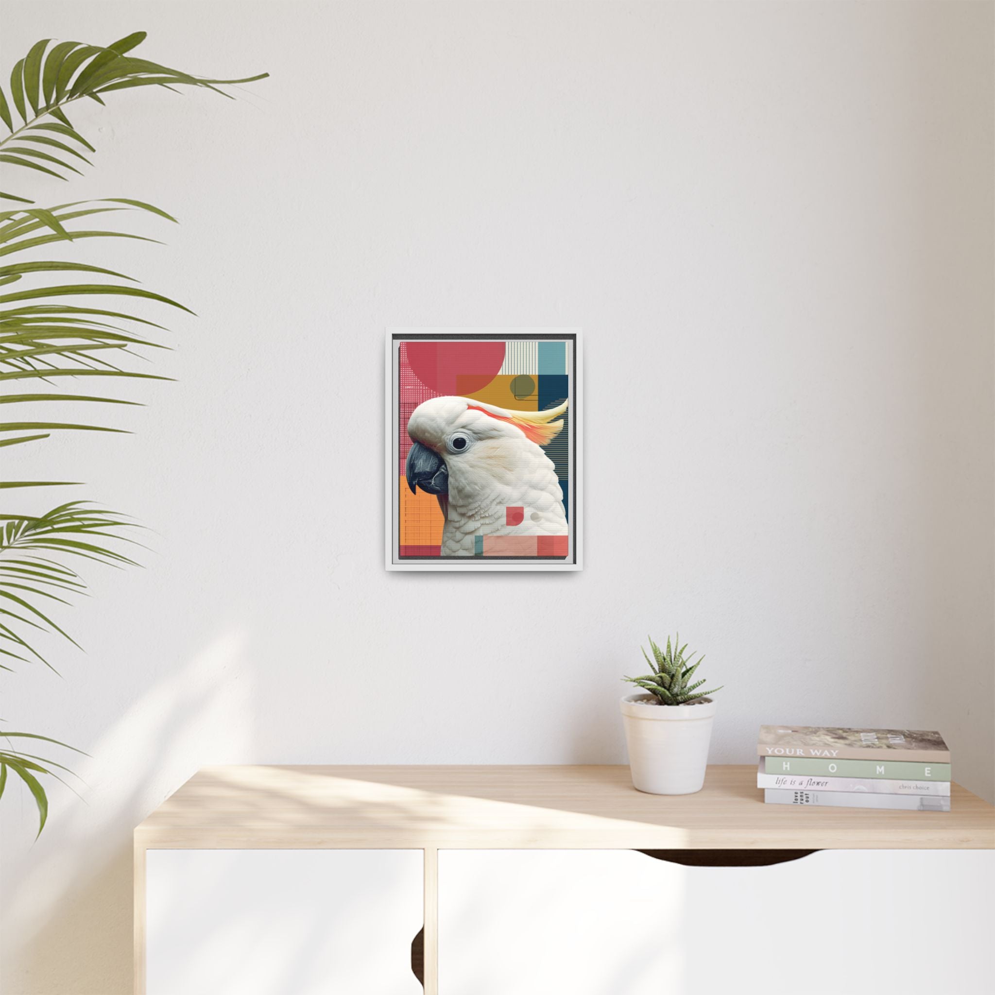 Framed Print, Cockatoo Abstract Geometric Wall Art, Matte Canvas, Colorful Bird Poster, Modern Home Decor, Tropical Animal Painting, Unique