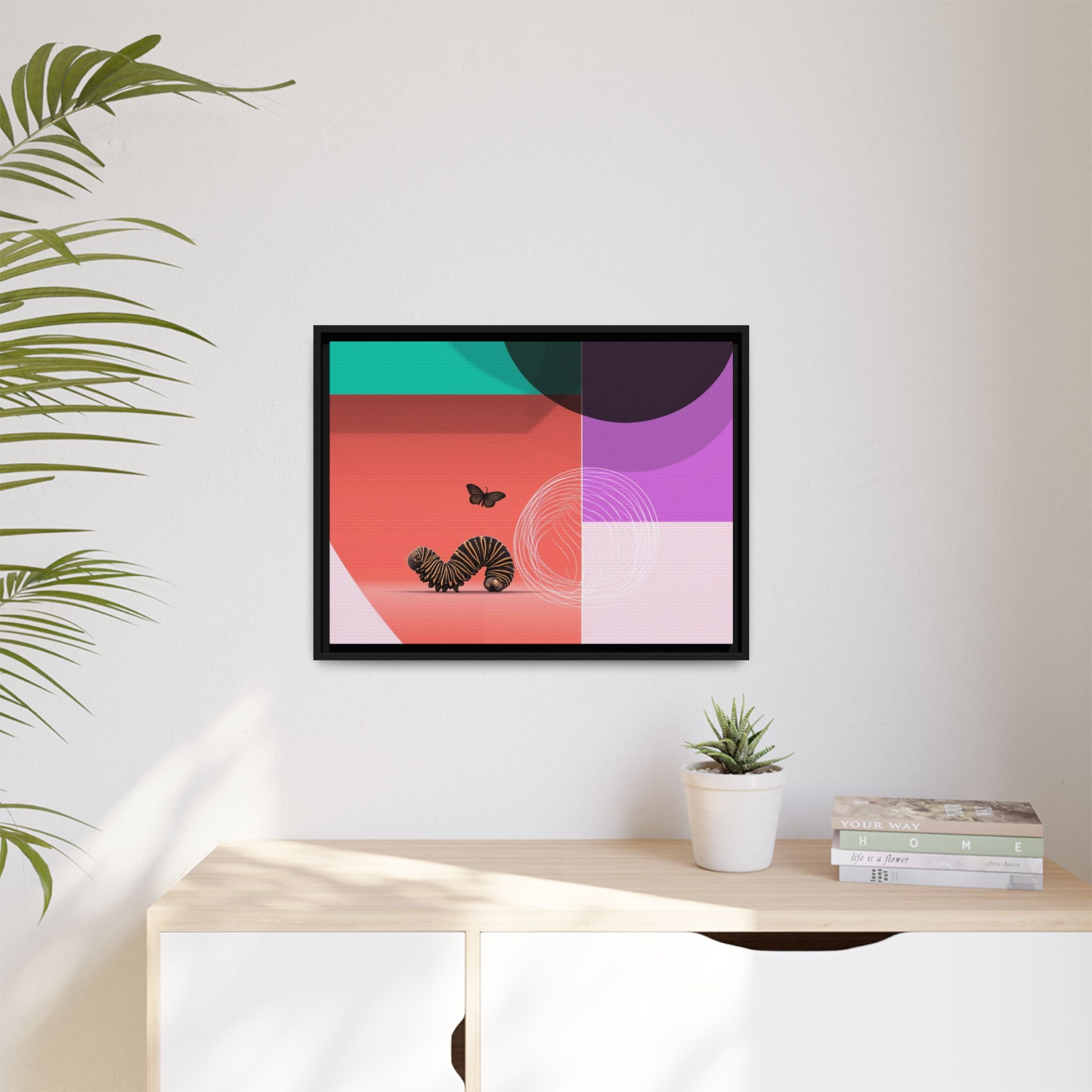 Striped Caterpillar and Butterfly Framed Print , Mid-Century Modern Color Blocks   |  Personalized & Custom Orders Available