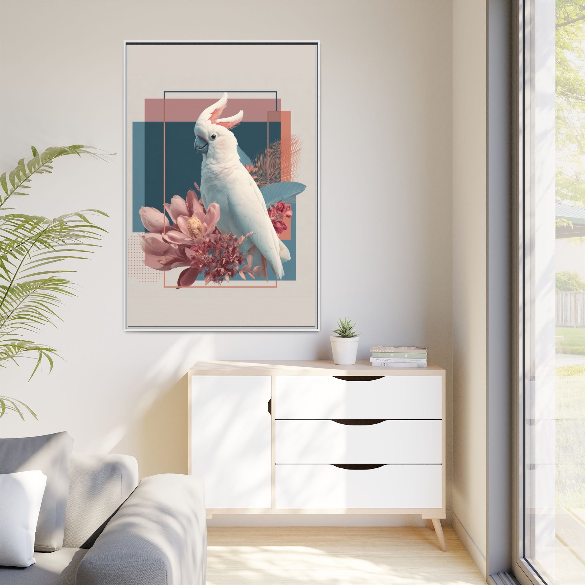 Cockatoo Geometric Framed Print : Modern Wildlife Illustration, Geometric Botanical Fusion   |  Personalized & Custom Orders Available