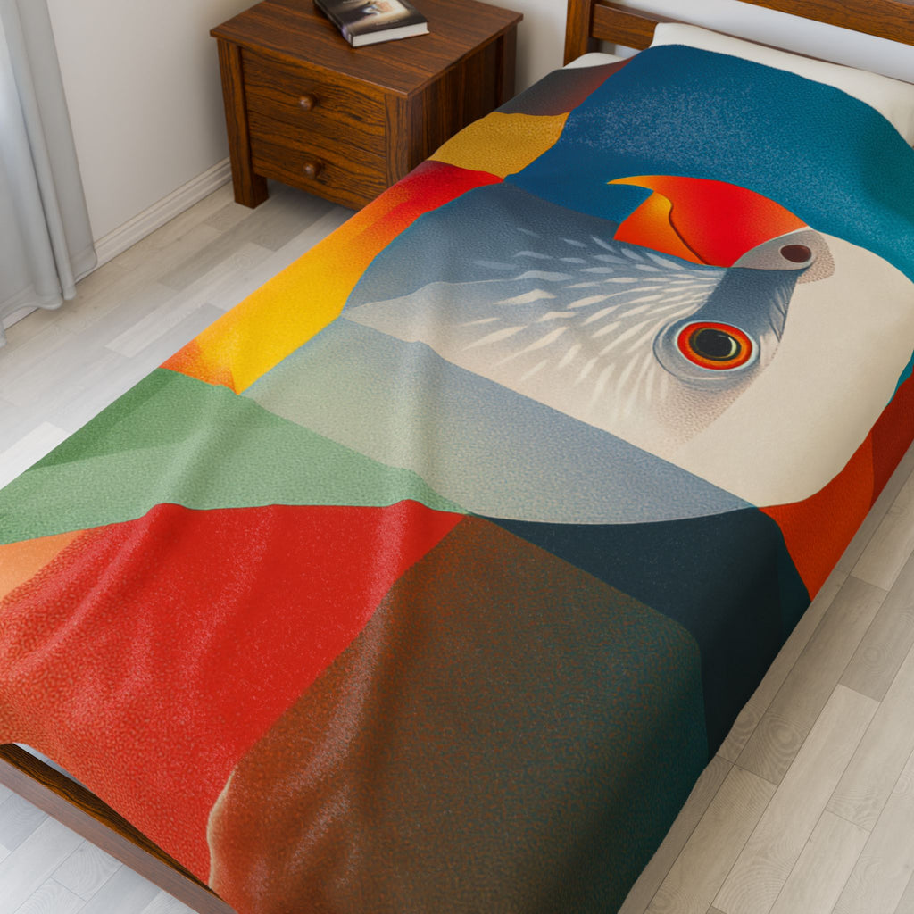 Cubist Parrot Quilt Cover, Doona Cover, Duvet : Geometric Avian Composition, Modernist Digital Art   |    Custom Orders Available