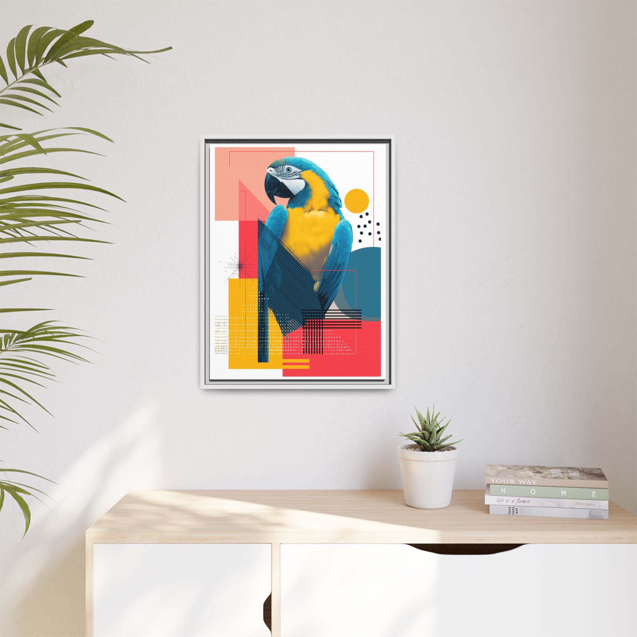 Prismatic Parrot Framed Print: Blue and Yellow Macaw in Geometric Space, Digital Art Composition   |  Personalized & Custom Orders Available