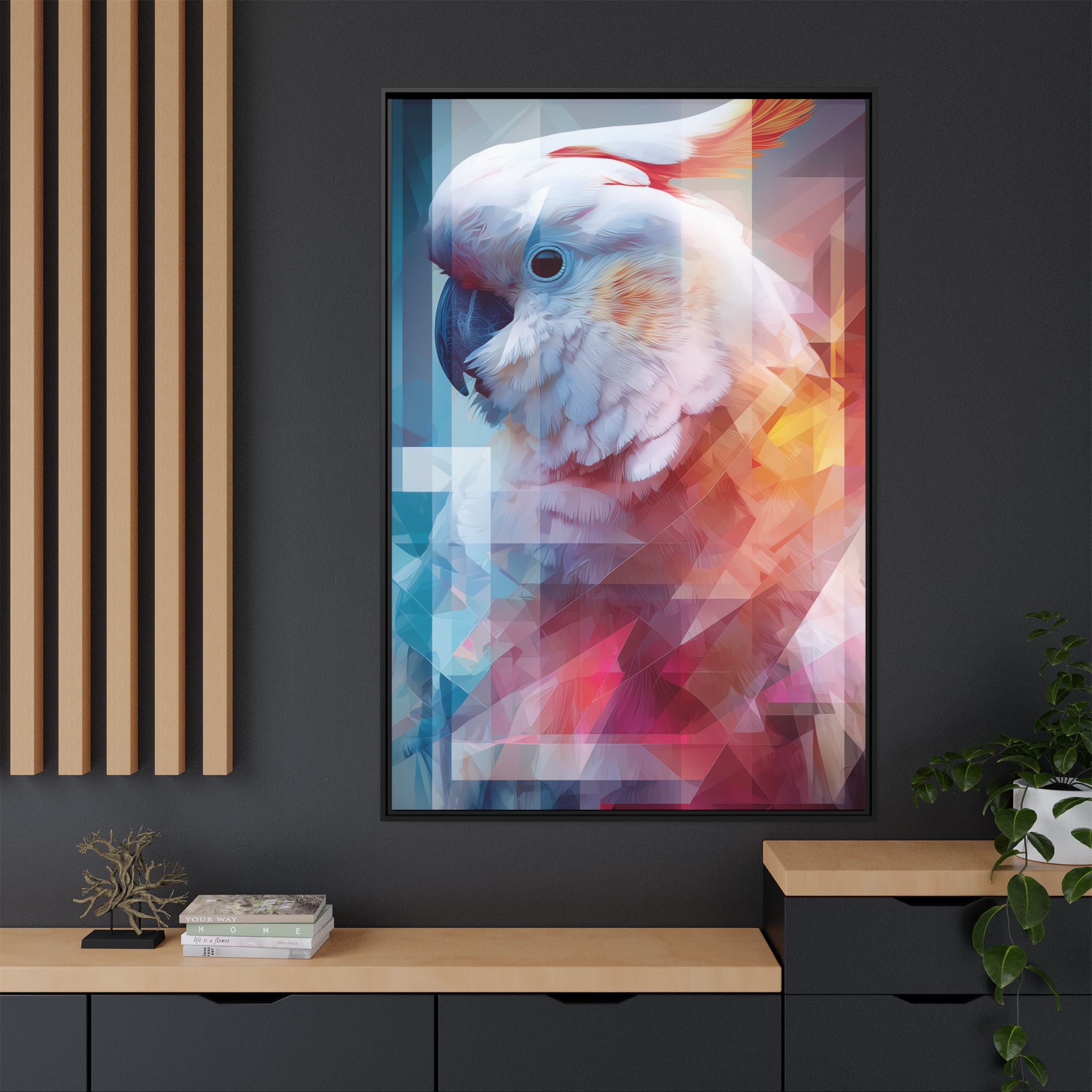 Fractured Cockatoo Framed Print: Geometric Wildlife Art, Low-Poly Digital Illustration   |  Personalized & Custom Orders Available