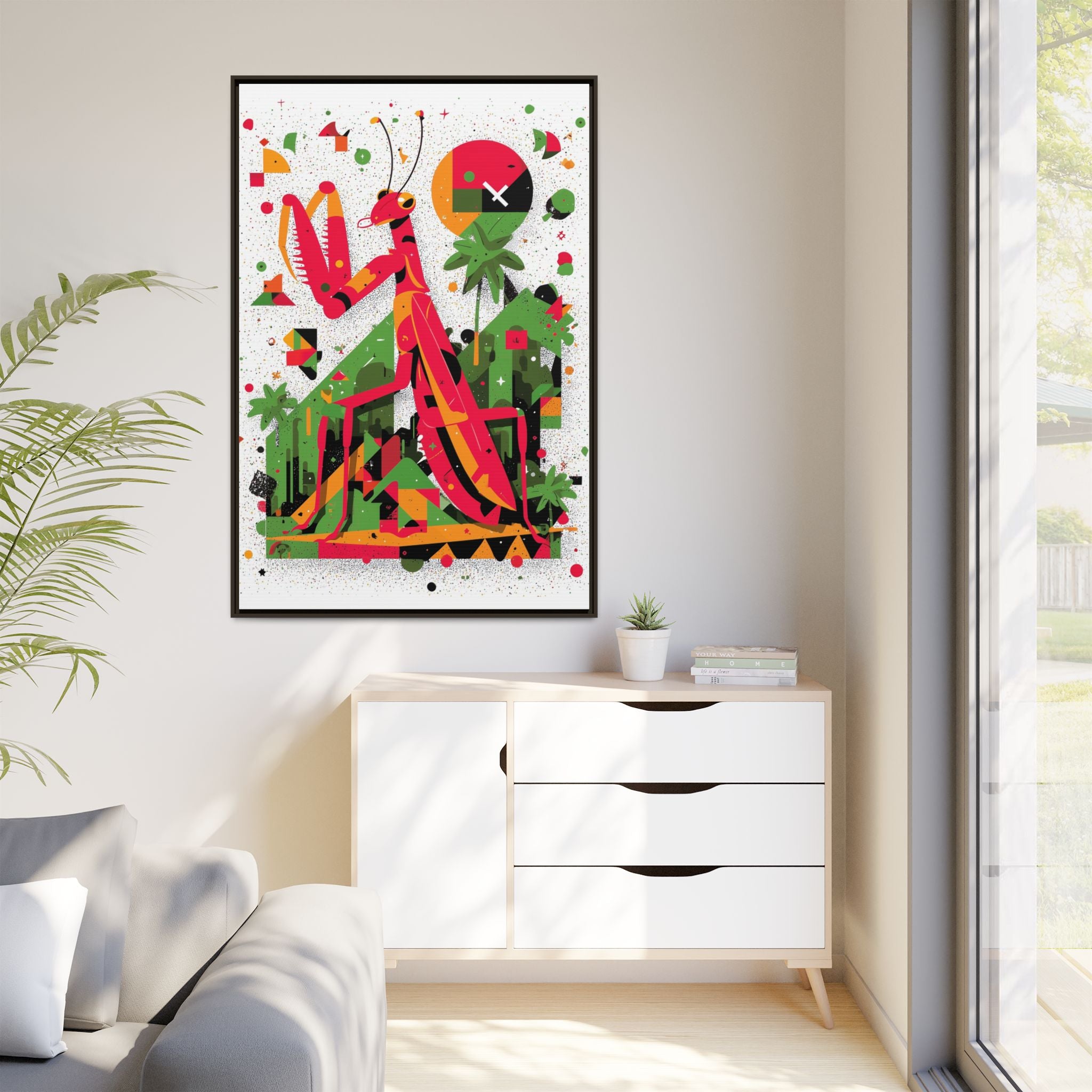 Praying Mantis in Bloom: Geometric Insect Portrait, Abstract Digital Illustration   |    Custom Orders Available