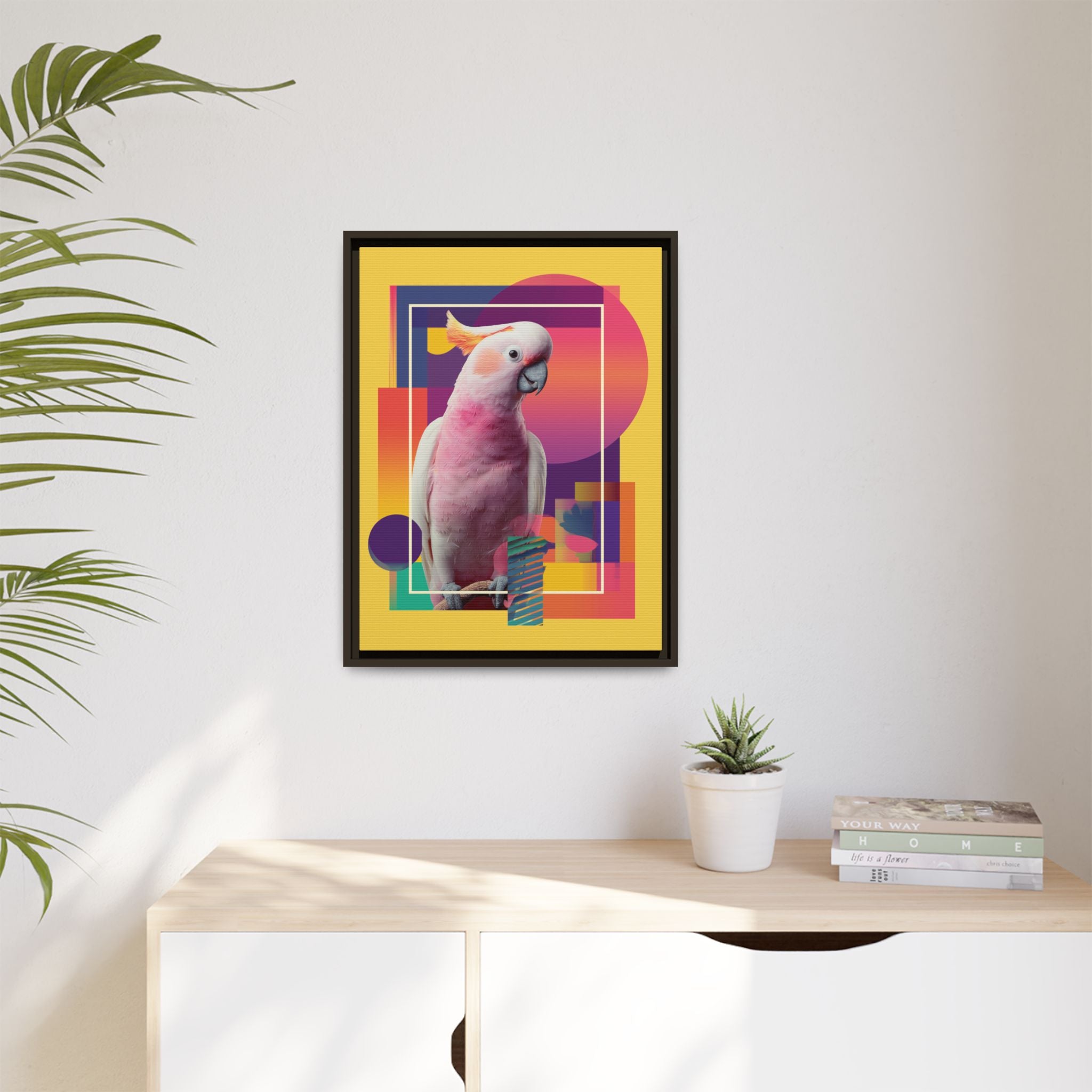 Framed Print, Cockatoo Abstract Geometric Wall Art, Matte Canvas, Colorful Bird Poster, Modern Home Decor, Tropical Animal Painting, Unique
