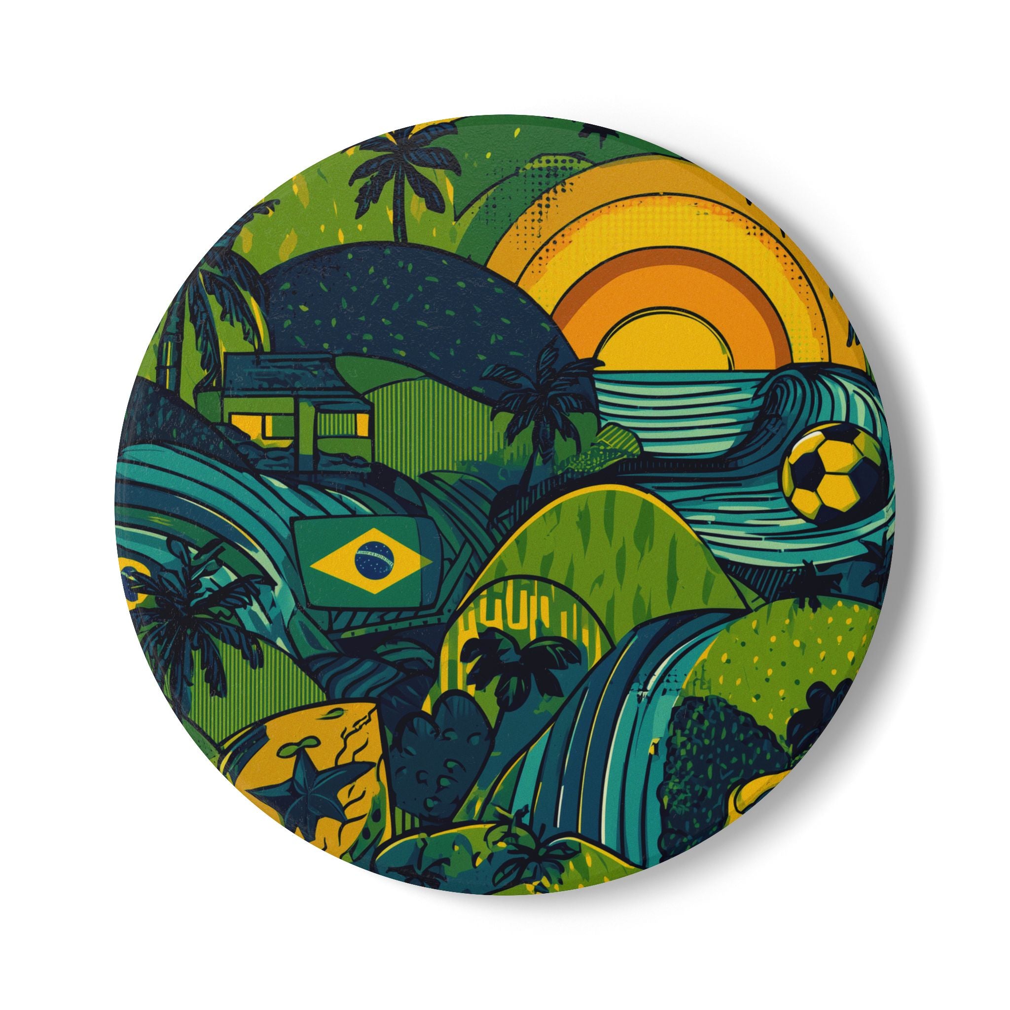 Vibrant Sunset Brazil Landscape Ceramic Coaster, Beach Decor, Gift for Home, BBQ Party Accessory, Soccer Fan Decor, Tropical Vibes