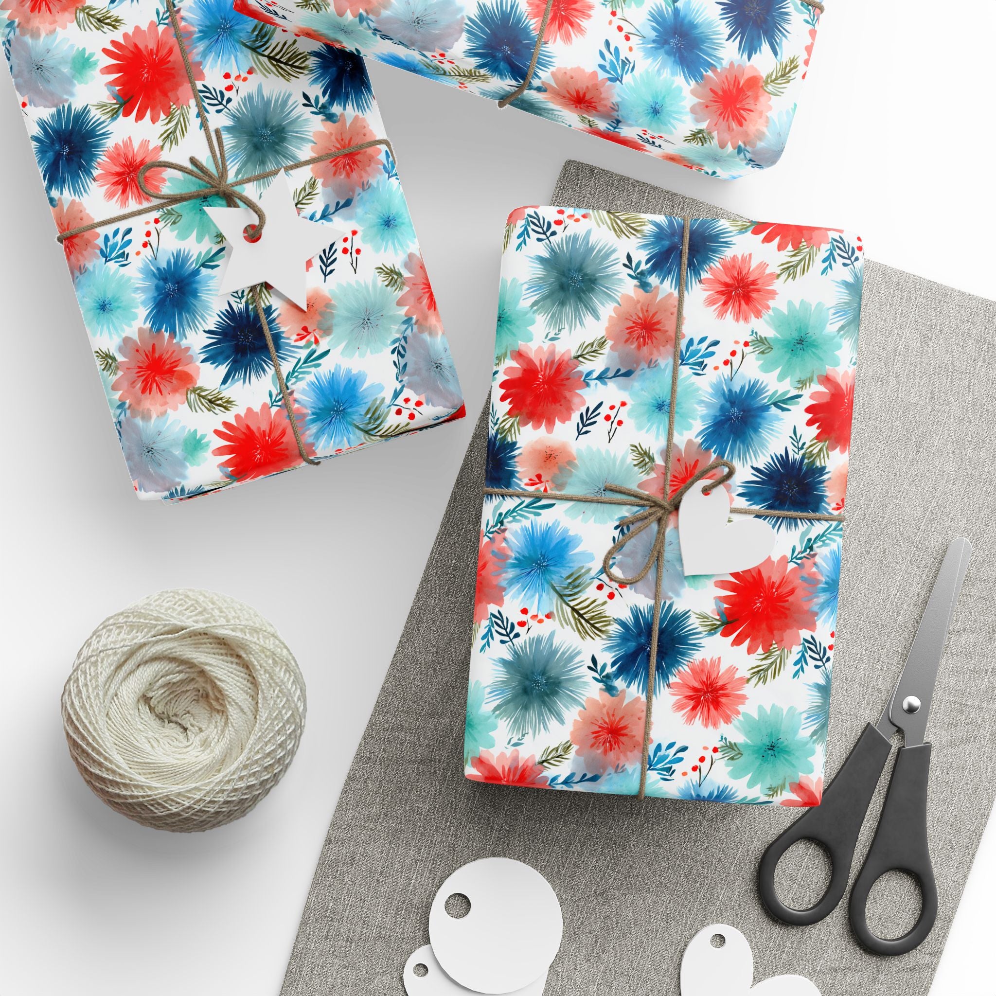 Wrapping Paper — Watercolor Floral Holiday Pattern (Red, Teal, Pine Sprigs)