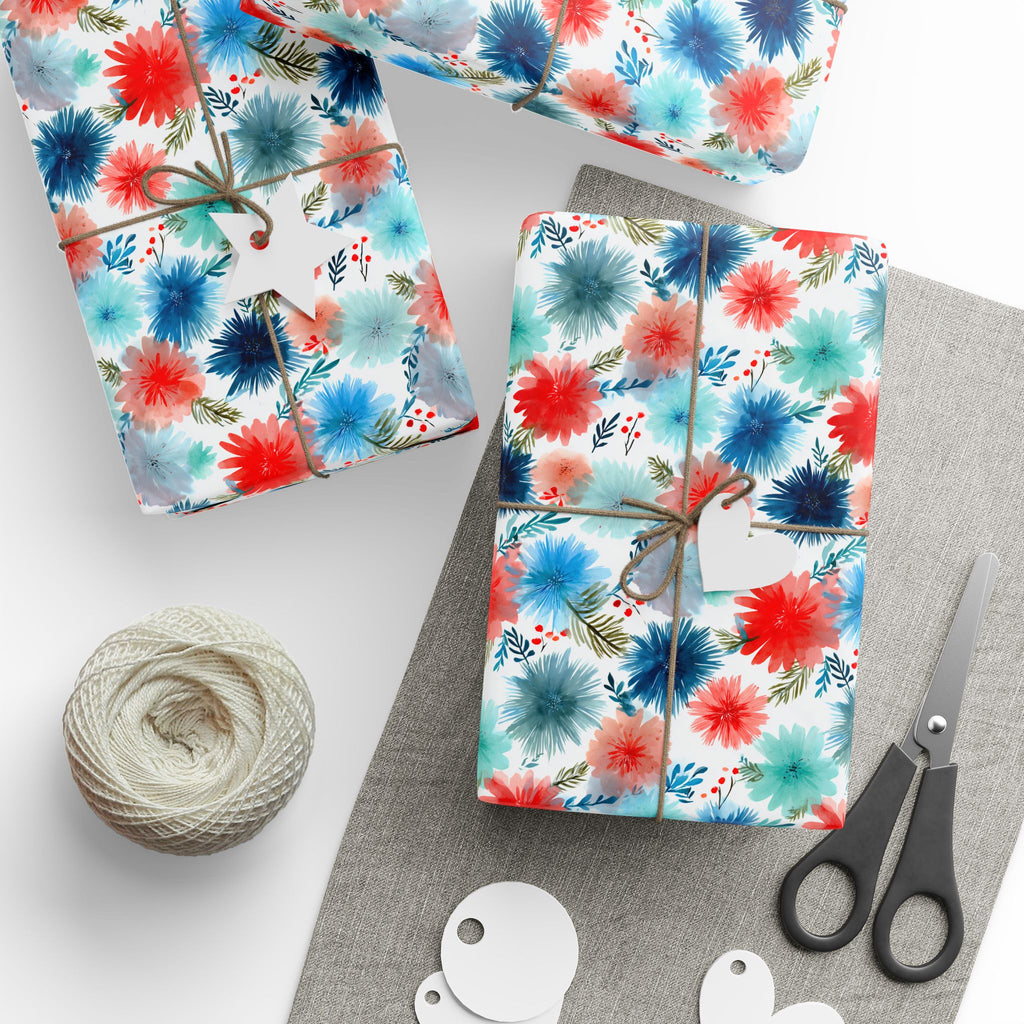 Wrapping Paper — Watercolor Floral Holiday Pattern (Red, Teal, Pine Sprigs)
