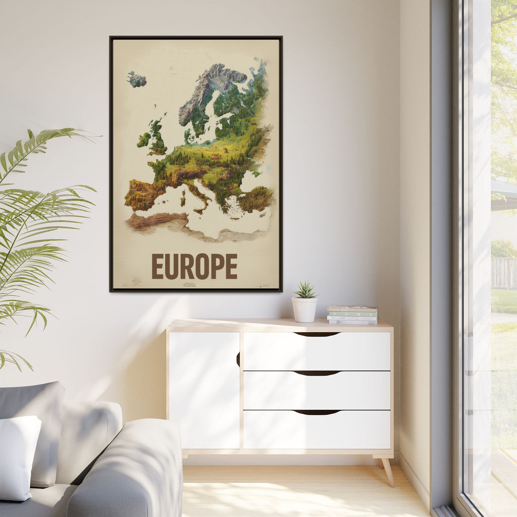 Framed Europe Map Canvas Print — Vintage Landscape Style Wall Art