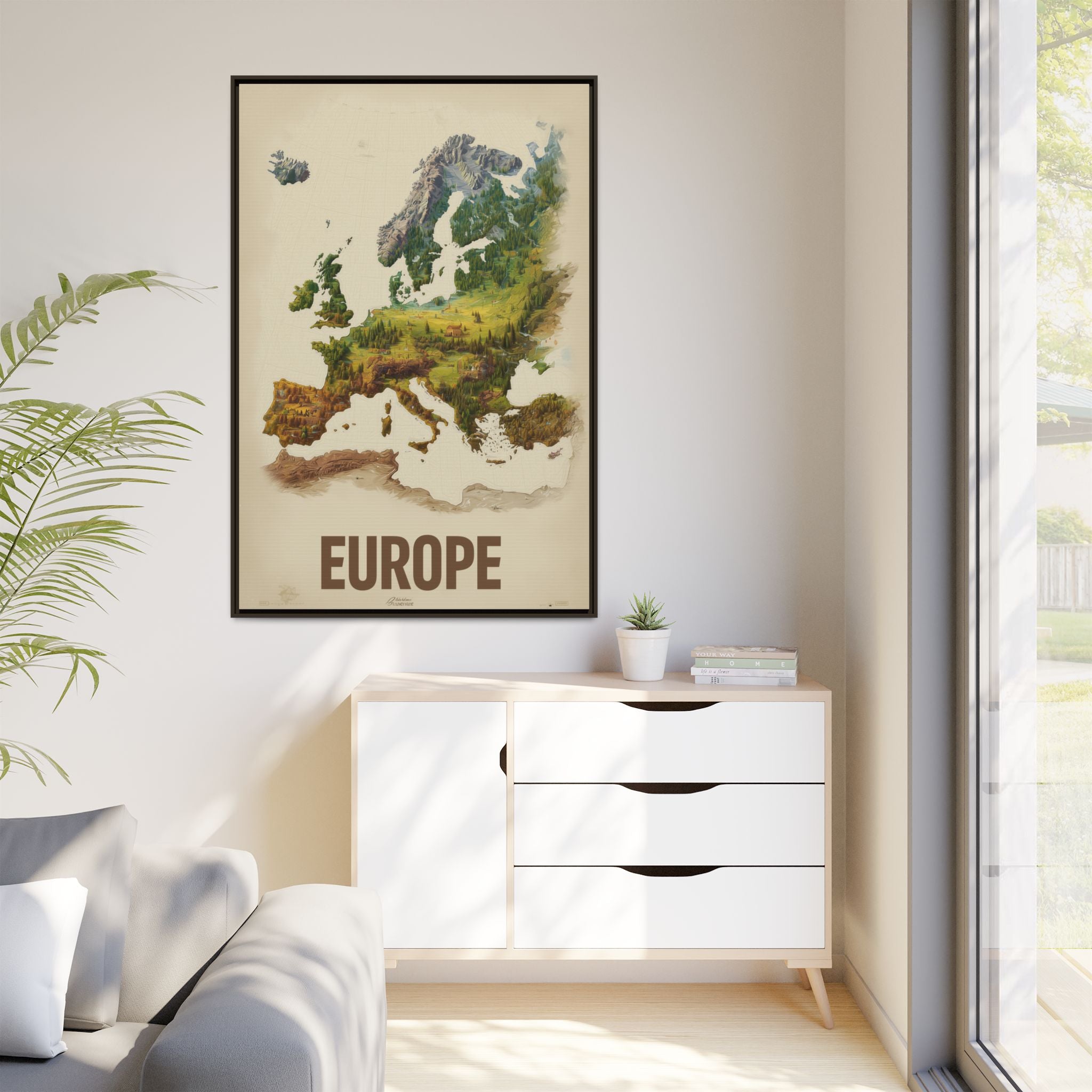Framed Europe Map Canvas Print — Vintage Landscape Style Wall Art