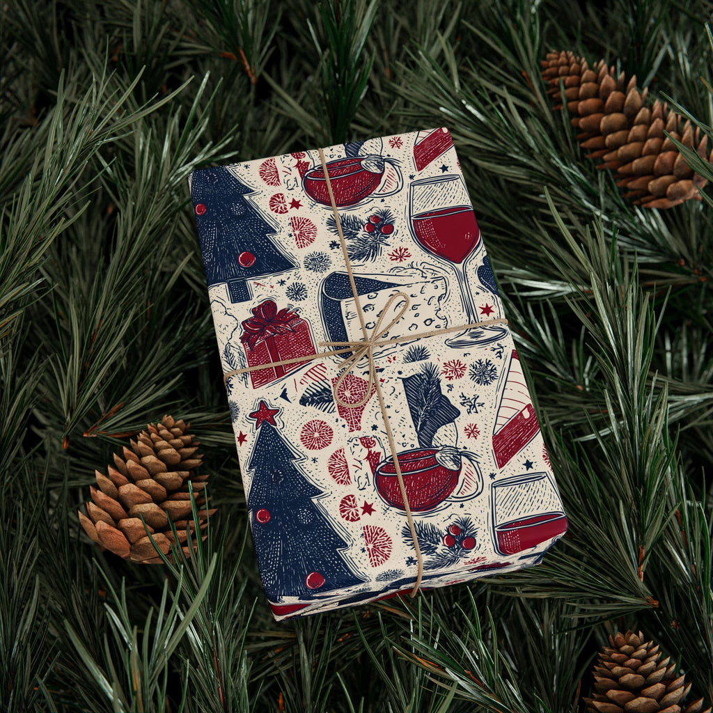 Festive Red & Navy French Christmas Tree Wrapping Paper — Holiday Gift Wrap Roll