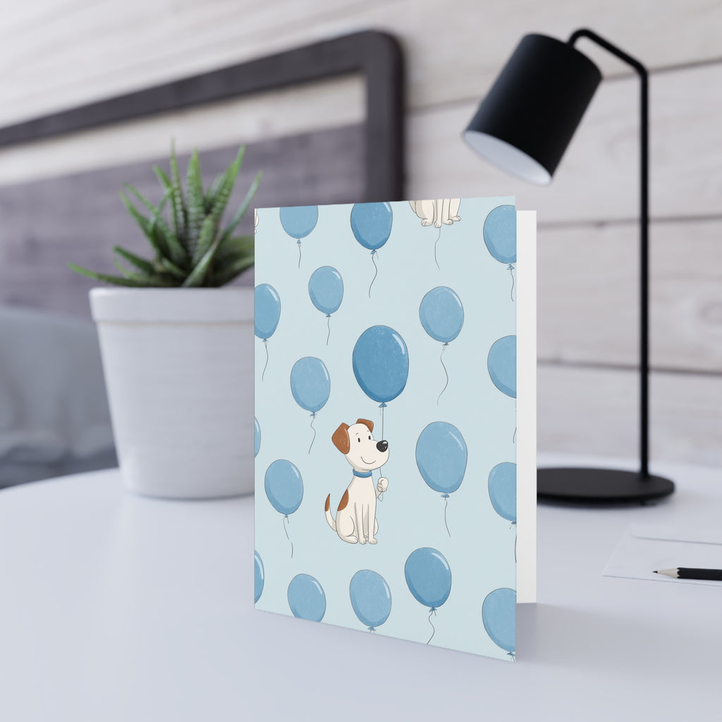 Cute Puppy Blue Balloon Greeting Card — Baby Shower Greeting Cards — Cute Dog Design (Baby Boy)