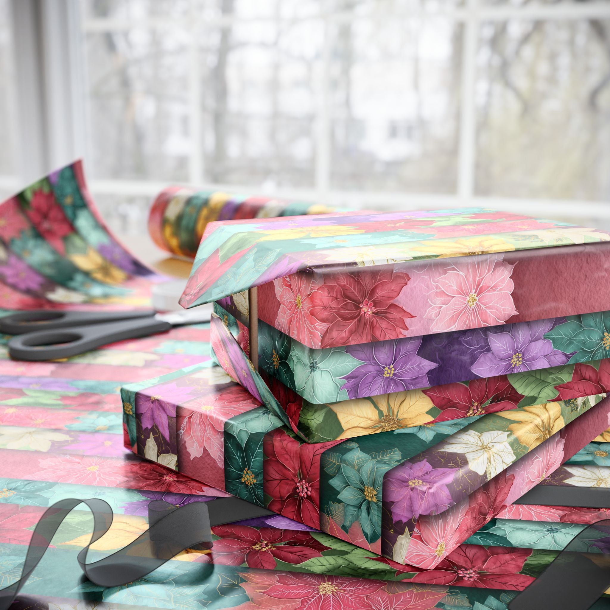 Floral Poinsettia Wrapping Paper — Festive Multicolor Holiday Gift Wrap Roll